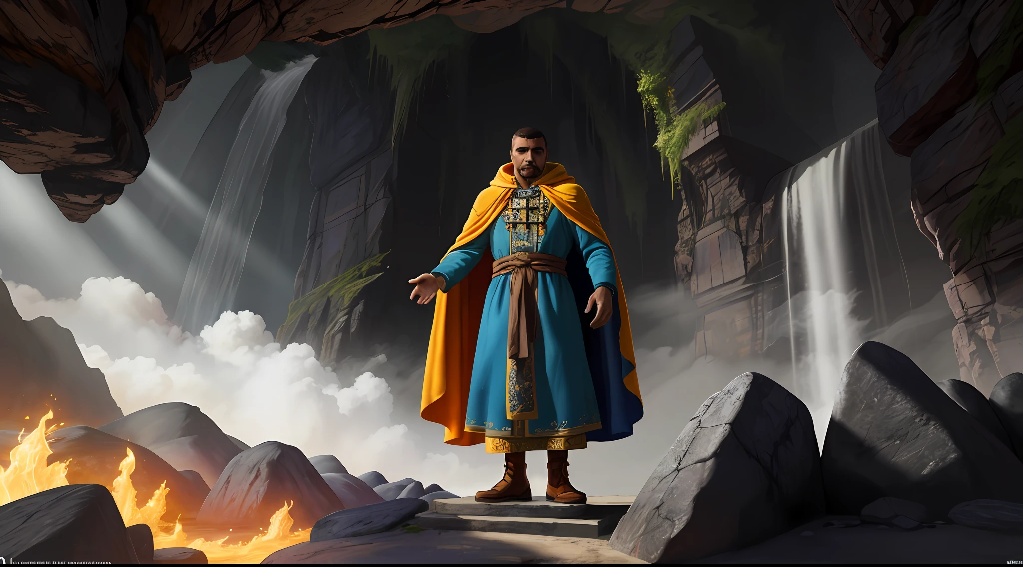 isaias olhando pro castelo usando capa, robes and arms of cloak raised on a broken earth, castelo, muralhas, reinado, luz de lava brilhante de baixo do campo de asteroides (rochas irregulares, pedregulhos e detritos disparando para o ar:1.3) (tempestade de detritos de poeira ventosa:1.1) Volumetric mist mist ray tracing z pass bright light from below, (obra-prima) (melhor qualidade) (detalhado) (8k) (cinematic lighthing) (foco nítido) (intrincado)