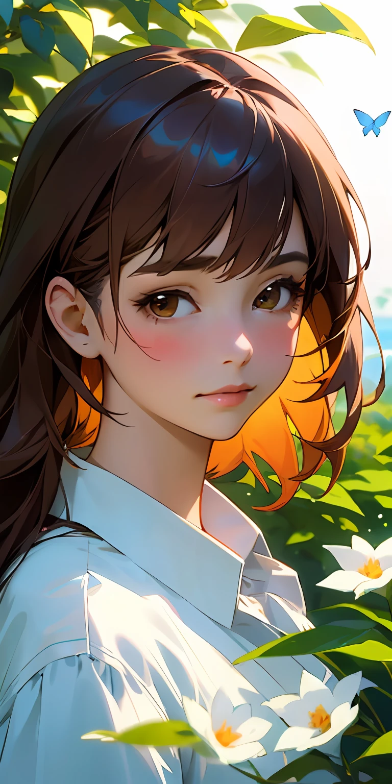 (best quality, masterpiece, ultra-realistic), portrait of 1 beautiful and delicate girl, with a soft and peaceful expression, the background scenery is a garden with flowering bushes and butterflies flying around.