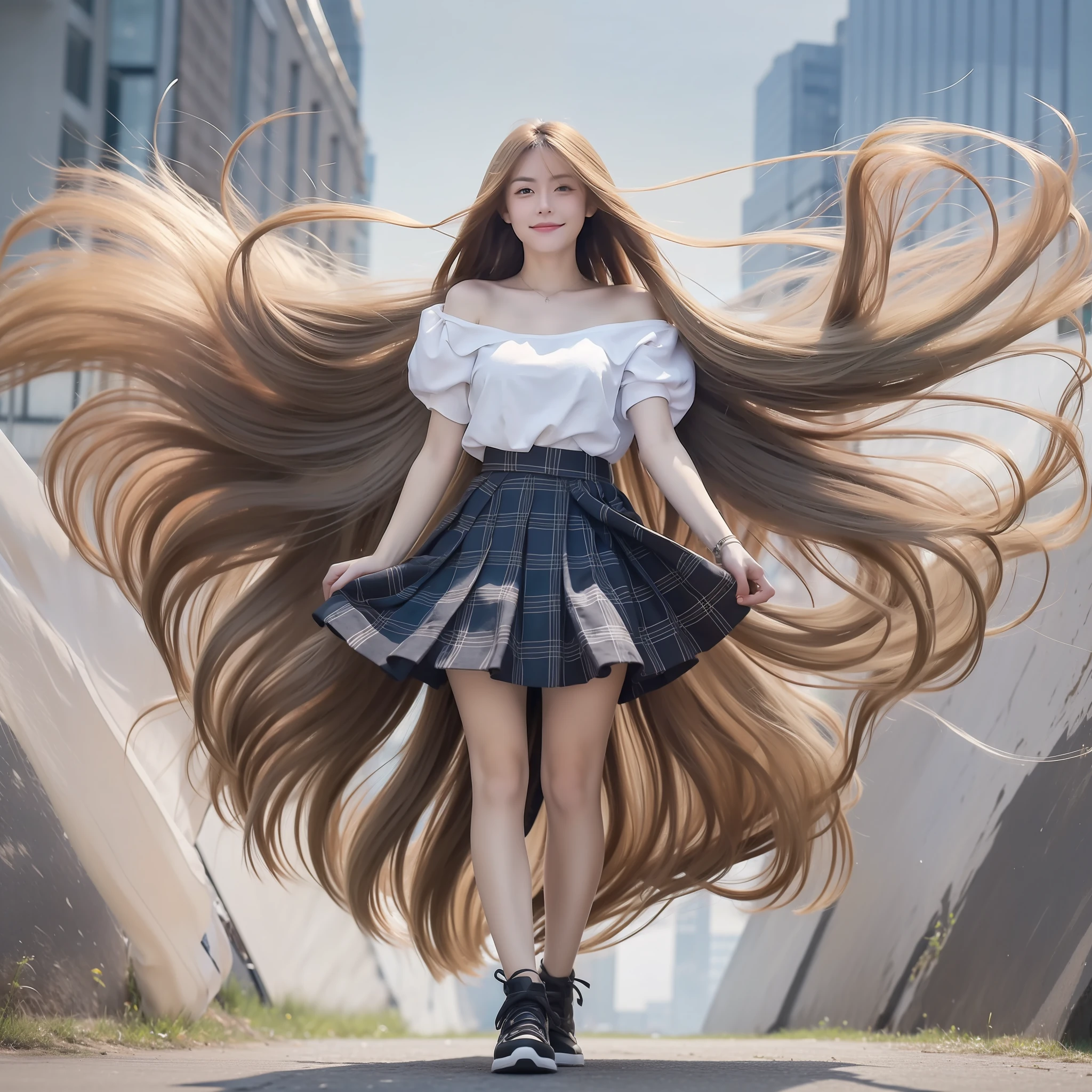 "(Best picture quality、A masterpice), white backgrounid, Ultra-thin paper,Sparkling, Beautiful and tasteful, The wind blew for a long time,ssmile, curly blond hair, Vivid and stunning,Scottish pleated skirt,Greater wind,The wind blows hair,Floating hair,Static clothes,Short sleeved bodice,extra very long hair,12 meters long hair,Hair grows to the floor,Correct limbs,fully body photo,standing on your feet,white short sleeve,Cross your hands at your waist,"