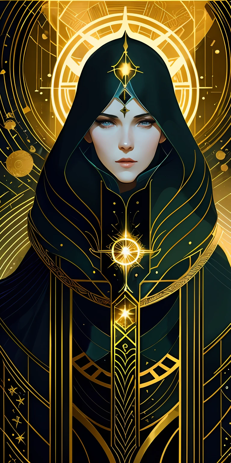 a close up of a person with a black robe and a star, in dark robes with gold accents, neoartcore and charlie bowater, jen bartel, the emperor tarot card, charlie bowater art style, portrait of a mage, high detailed + tarot card, tarot card art, inspired by Kilian Eng, solarpunk human, edmund blair and charlie bowater