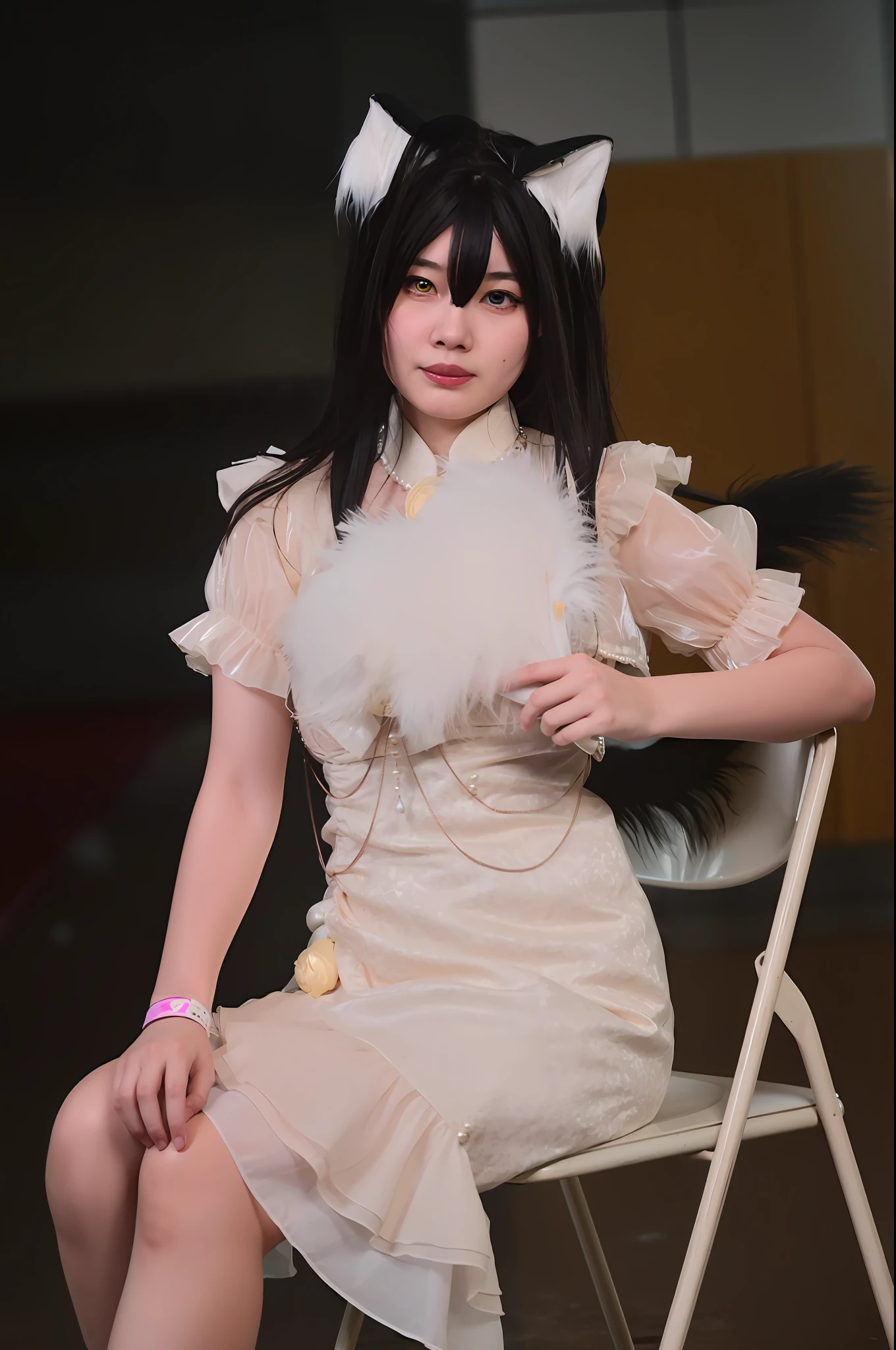 There is a woman sitting on a chair,Wearing a cat's costume, Anime girl cosplay, taken with canon 8 0 d, rpgmaker, taken with canon eos 5 d, Anime cosplay, taken with canon eos 5 d mark iv, Shot on Canon EOS R 6, cosplay foto, taken with canon 5d mk4, taken with a canon eos 5d