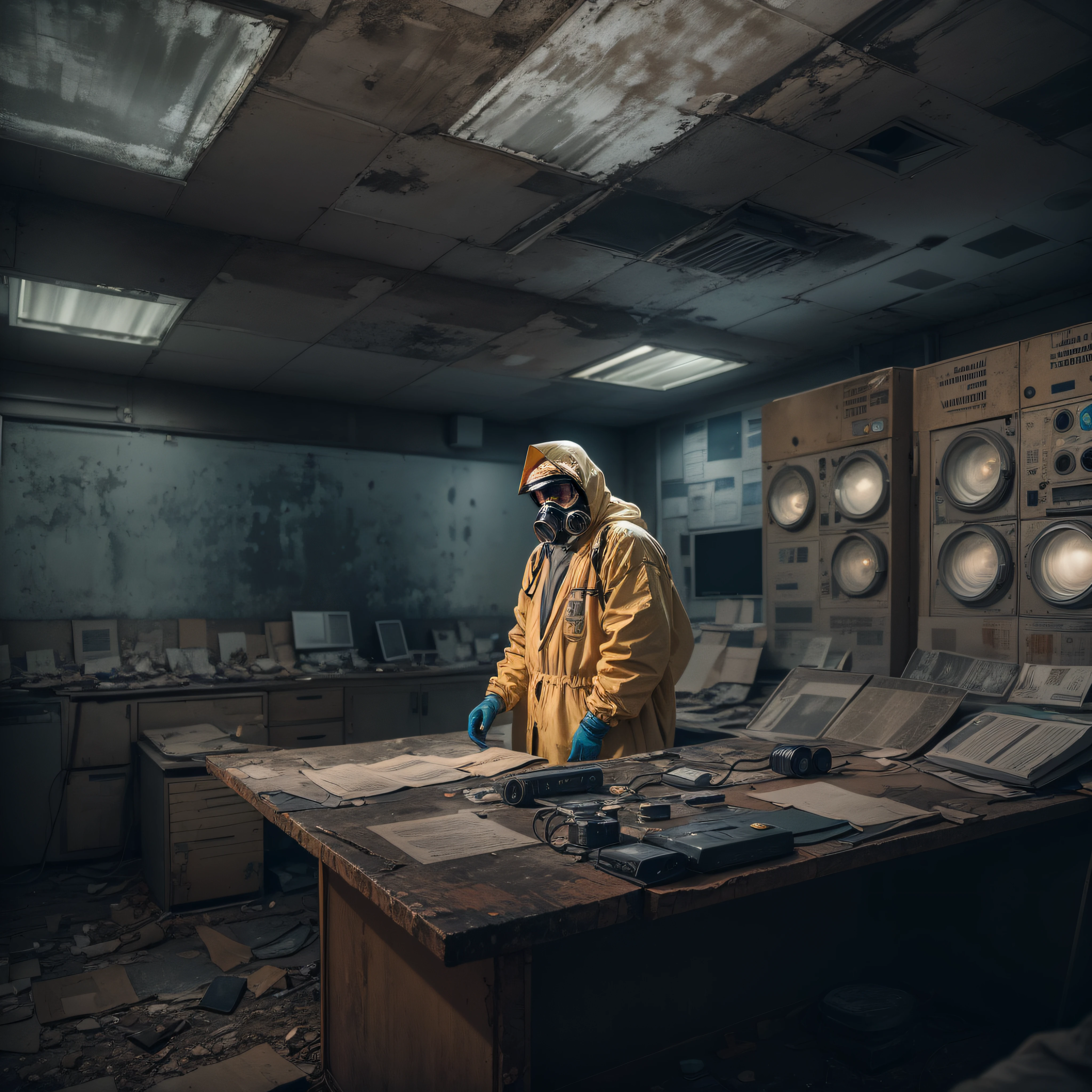 «»A brave survivor in Chernobyl wearing a radiation suit, standing in an abandoned control room, illuminated by soft studio lighting to create a dramatic atmosphere. The man's suit should be detailed, with signs of wear and tear. The shot should be a medium shot, capturing both the character and the room's eerie surroundings. Take inspiration from Chernobyl's real-life photographs and documentary stills from reputable sources like National Geographic and Magnum Photos. Camera lens: 35mm. The final image should be in high resolution (4K) to showcase intricate details.»»