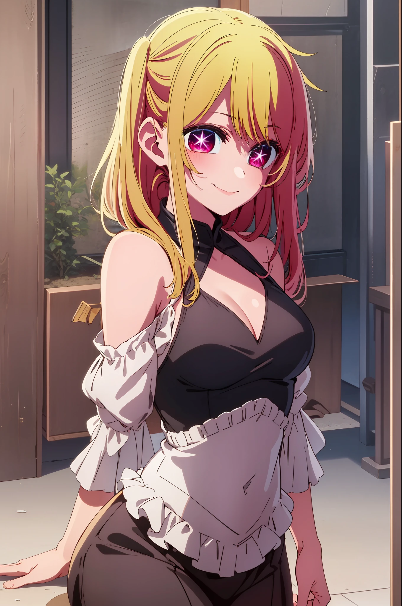 1girl in, 独奏, Hoshino Ruby, symbol-shaped pupils, Left star-shaped pupil, sparkly eyes, (Left star), red eyes, blonde  hair, side poneyTail, a smile, Hi-Res, top-quality, ​masterpiece、Black Dress