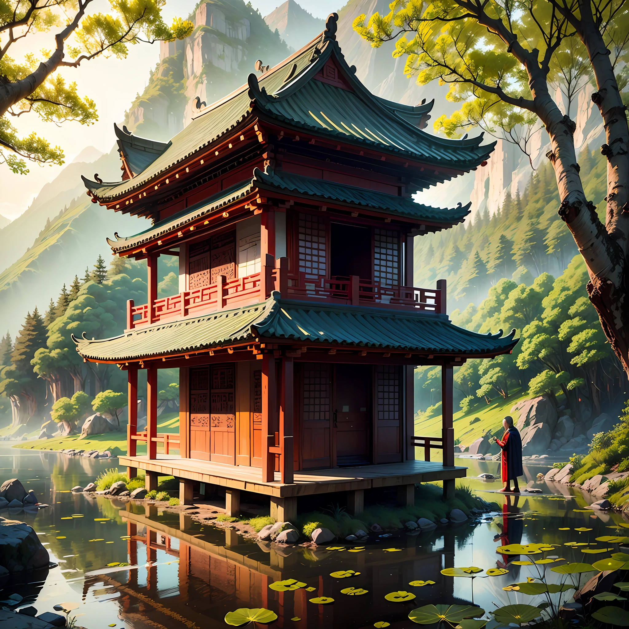 Monk meditating with his disciples, Chinese temples scattered in the forest not far away, waterfall falling into a lake or stream in the background, mountains and small glowing lake in the background, Lotus in the foreground, clear and distinct fingers, clear and distinct fingers, facial features clear and distinct, jewels, leaf, lily flower, lily_pad, necklace, plant, soil, chinese temple, path, cherry blossom, sharp focus, sun rays, bright ripples, wind ripples, hyper detailed, real photo, intricate details, perfect composition, beautiful intricate details, 8k photography, photorealistic, masterpiece, photorealistic, image enhancement, image post-processing, image retouching --auto