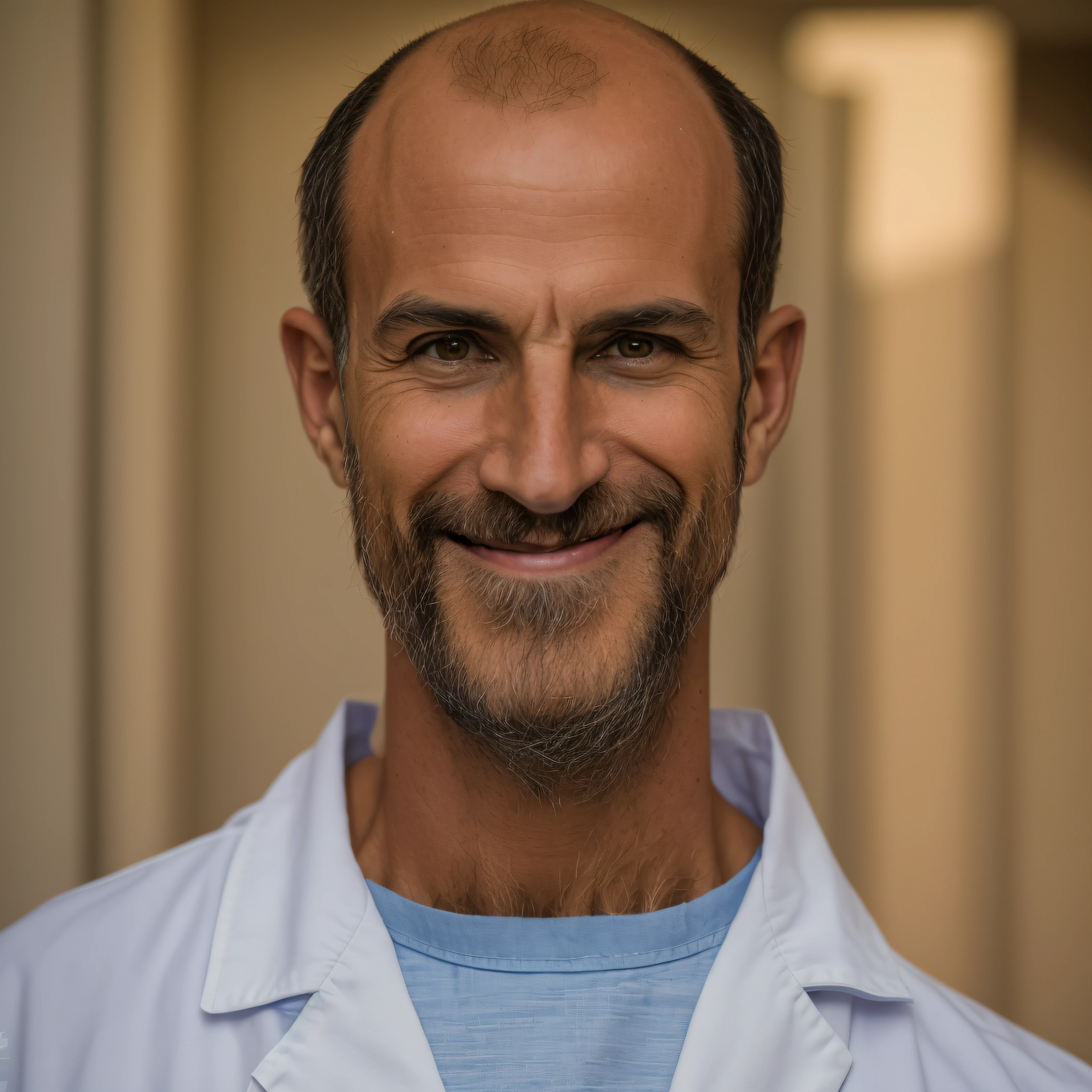 Homem calvo, usando cavanhaque, sorriso no rosto, balding, quase careca, careca de meia-idade, careca com cavanhaque, Veterinarian, parcialmente careca, olhos castanhos, cavanhaque, olhar sereno, foto hiper realista, looking-into-camera,