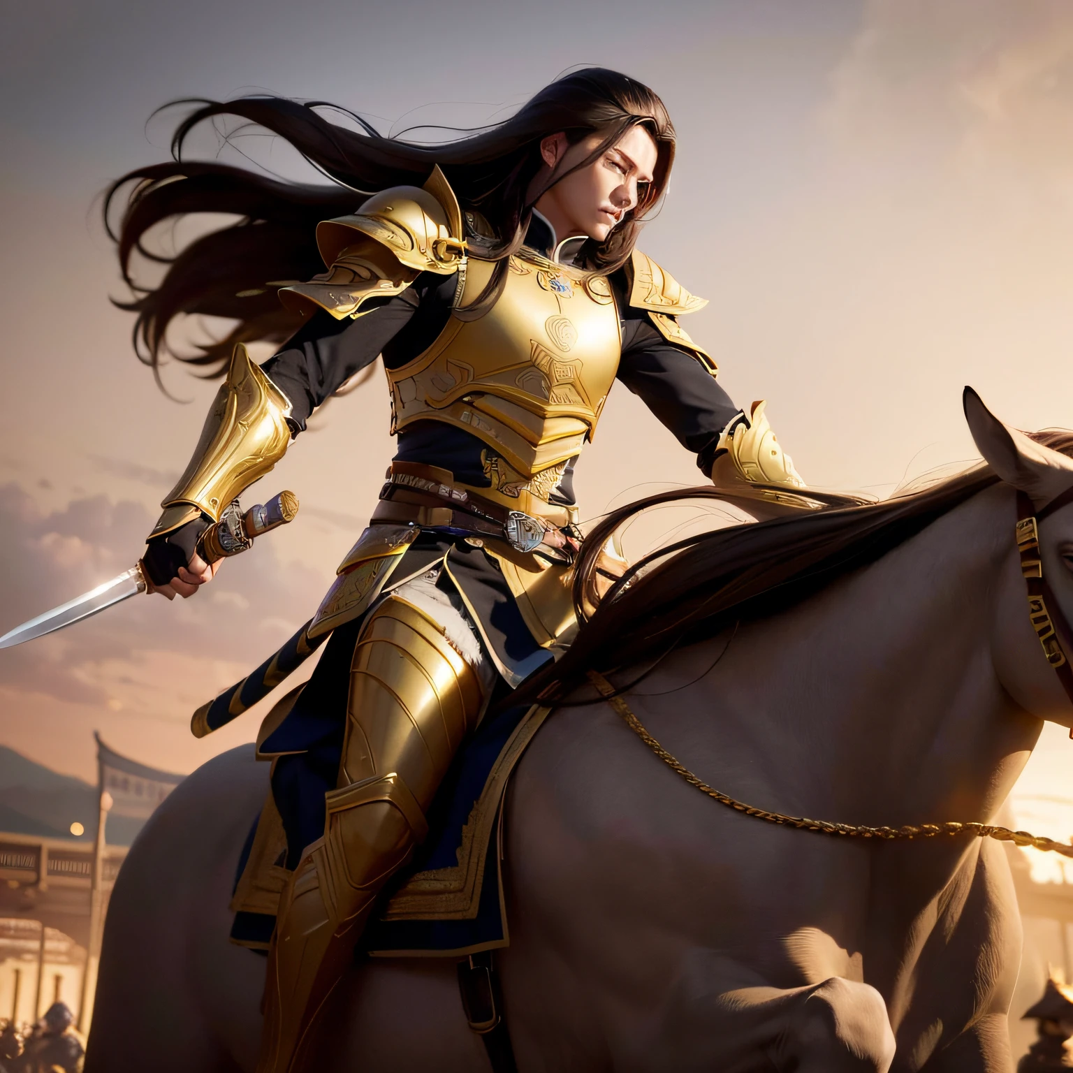 ultra-realistic realism,Cinematic lighting,Very detailed CG illustration,Delicate and beautiful man wearing gold armor,Armed with a long knife,Marching on horseback Warm color background of ancient battlefield without helmet Long hair fluttering Chinese style --auto