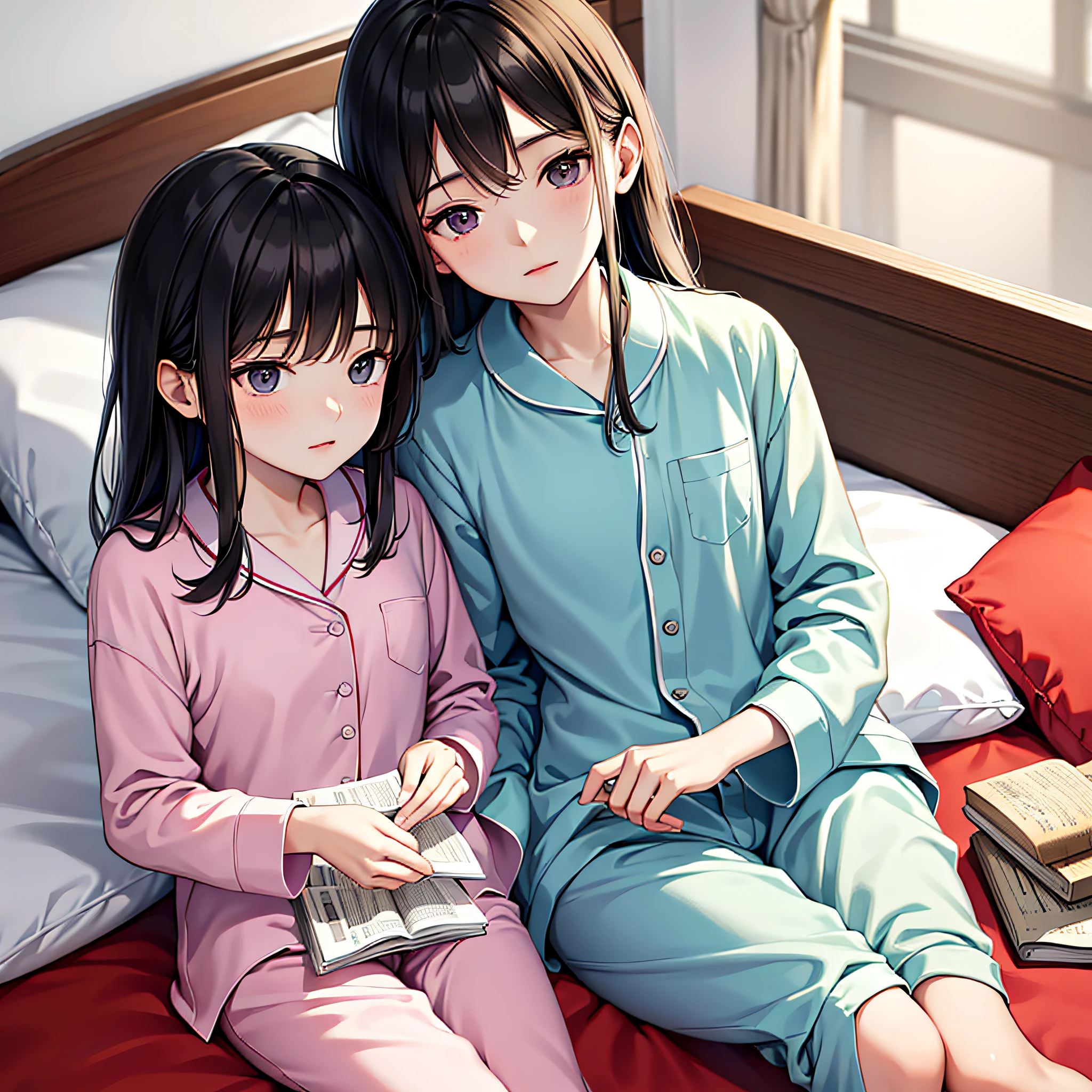 A high resolution，ultra - detailed，extremely detaile，Shota Niwei and his sister are reading manga while lying in bed at home in pajamas --auto