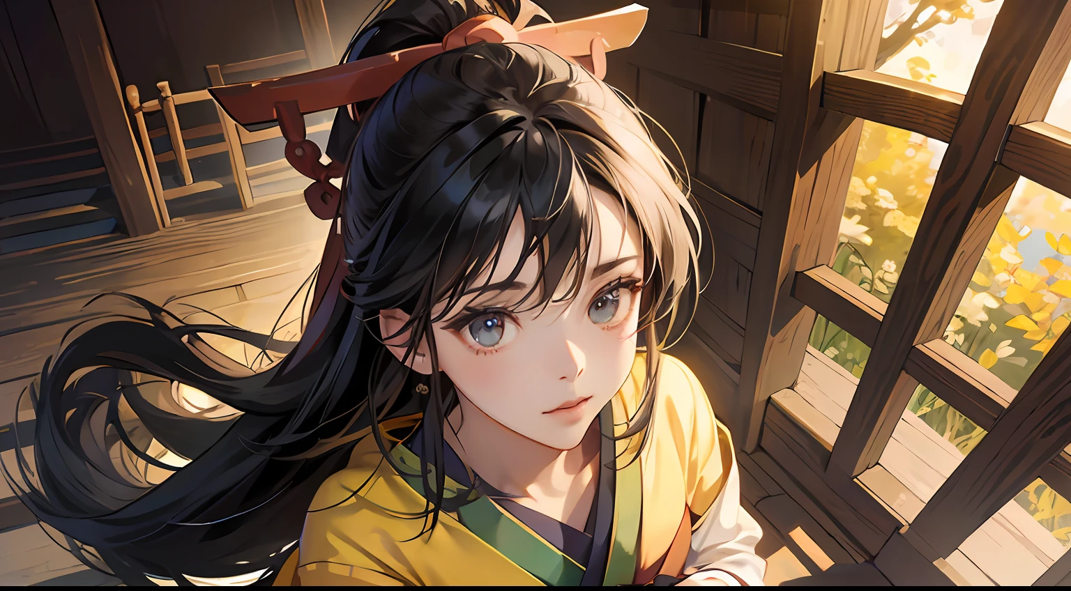 (Overhead view)、Background 70％、stairway、torii gate、1girl、chiquita、intricate detailes、Reduced textures、Full body portrait、intricate detailes、finely eye and detailed face、intricate detailes、A dark-haired、(Mouth closed)、(perfect  eyes、Equal eyes)、((komono))、Ultra-realistic and realistic photos、Highly detailed 3D --auto