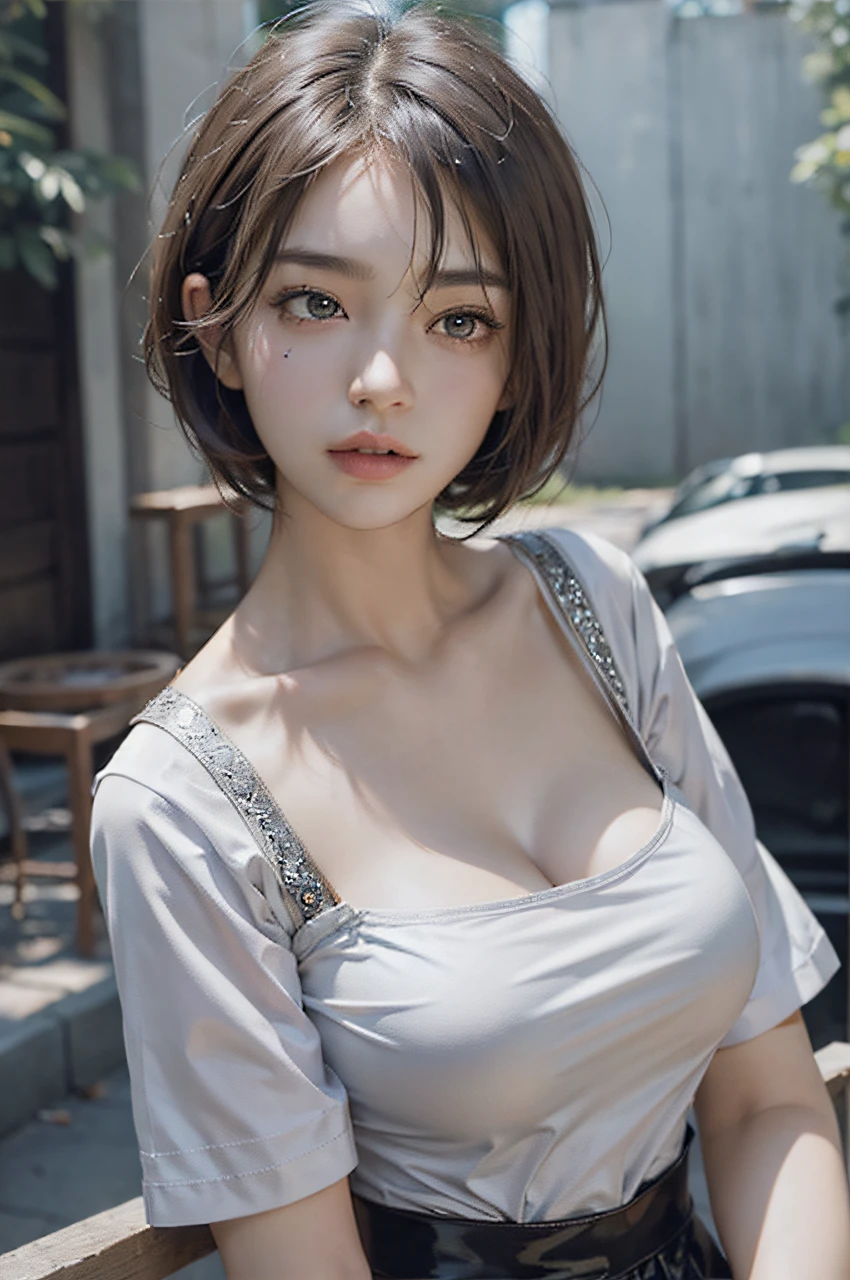 (Masterpiece, Best Quality), She is a painter, fluffy short hair, Latex Skin, Silver shirt, JINS, Cinematic realism, Middle breasts, Perfect pupils, Insanely detailed faces, film grain, High image quality,