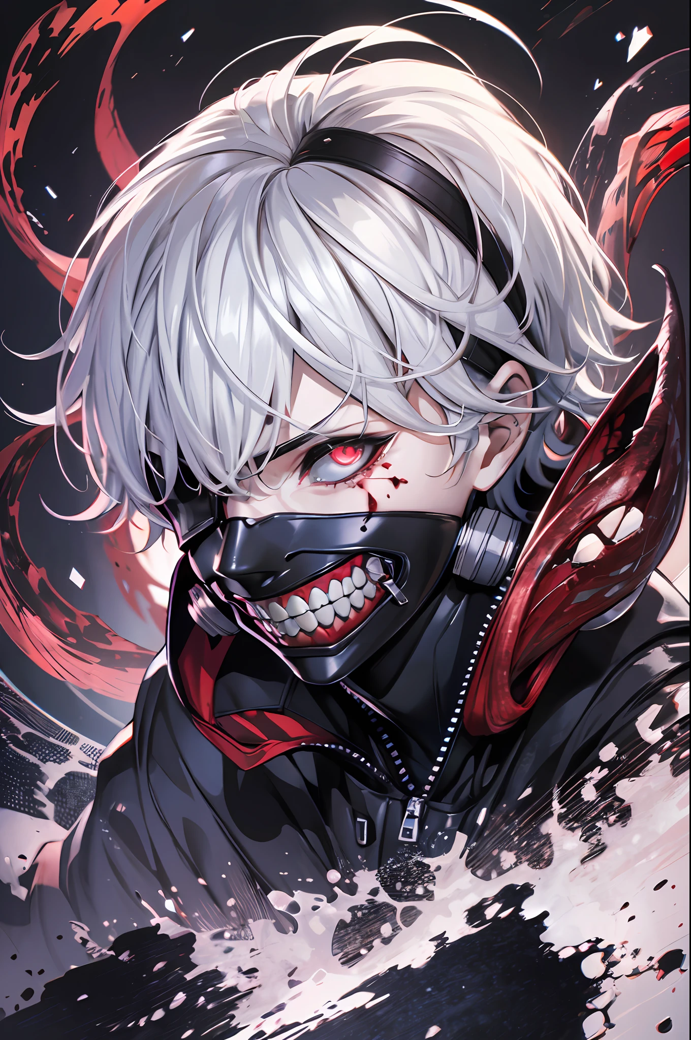 8k, anime, portrait, best quality, ultra high res, ultra detailed, high contrast color tone, extremely detailed lighting, cinematic lighting, soft lights, (masterpiece, high quality:1.4), (kaneki ken, white hair, red and black eye, mask | teeth, blood eyes, black jacket, scorpio tentacles), blood, ((full body)), (dynamic pose), black background, thrilling, (fierce face)