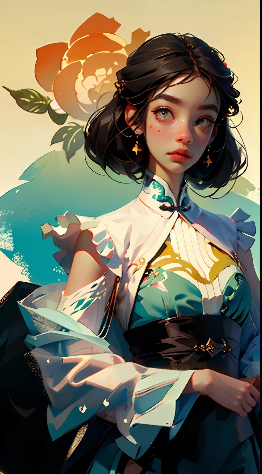 (upper body: 1.5), (white background: 1.4), ((tachi-e)), original, (illustration: 1.1), (best quality), (masterpiece: 1.1), (extremely detailed CG unity 8k wallpaper: 1.1), (color: 0.9), (panorama: 1.4), (full body: 1.05), (single: 1.2), (splash ink), (splash color), ((watercolor)), clear and sharp, {1girl standing}, ((chinoise)), floral background, outdoors , rock, looking at the viewer, making happy expressions, soft smiles, purity, beautiful detailed face and eyes, beautiful complex costume decoration pattern details, black hair, black eyes, colorwater