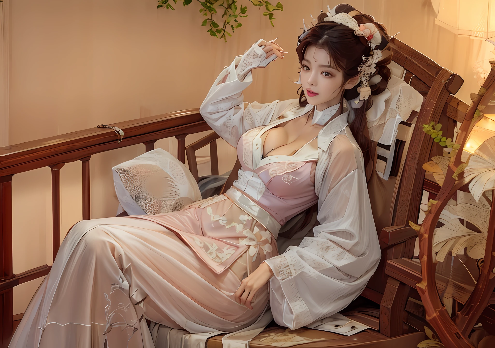 HDR 8K,full bodyesbian,one-girl,cleavage,Super skin,Wear colorful cheongsam and lace,Super clothes texture,Sit on a branch, --auto