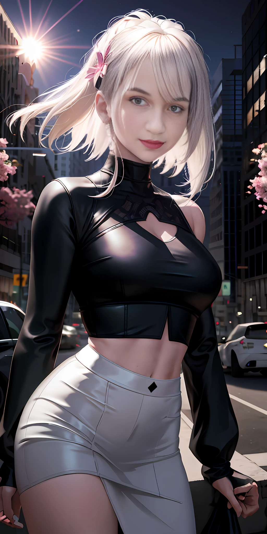 Garota anime com cabelo branco e top preto posando na rua, estilo anime. 8k, Tifa Lockhart com cabelos brancos, estilo anime 4K, Digital anime illustration, badass anime 8 k, arte de anime digital detalhada, 2 b, 2b, photorealistic anime girl rendering, arte de anime digital, ****** anime sedutora, Personagem altamente detalhado, garota anime cyberpunk