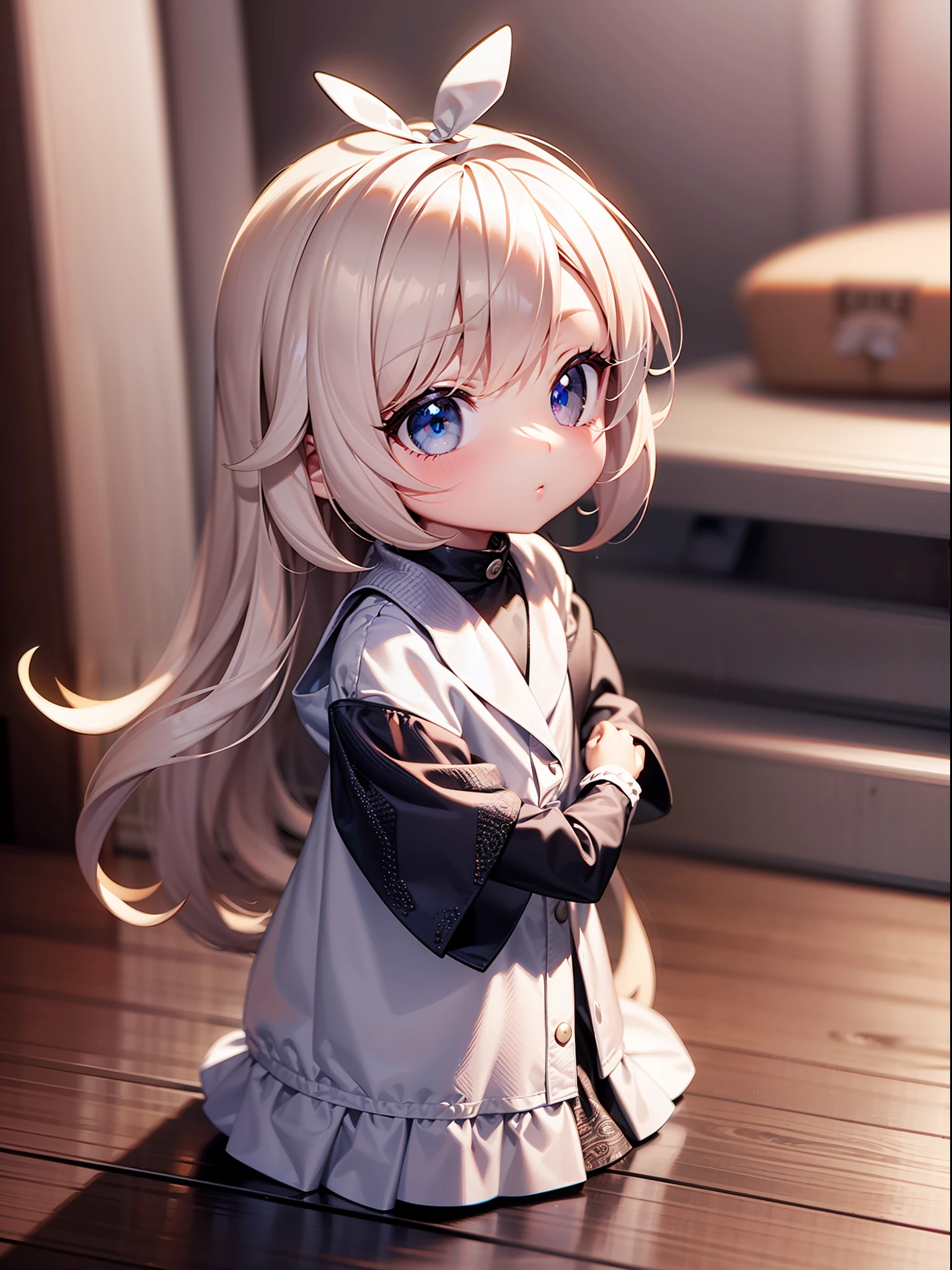 PopMart Blind Box IP, a close-up of a cute, white robe doll, young wanangel style, wearing long and fluent clothes, wlop style, pocelain doll, little people; Unreal Engine 5, Lite 3D/C4D production: 8K HD quality/lighting/ultra-detailed lens depiction 1.5, flawless, chibi background/cinematic.