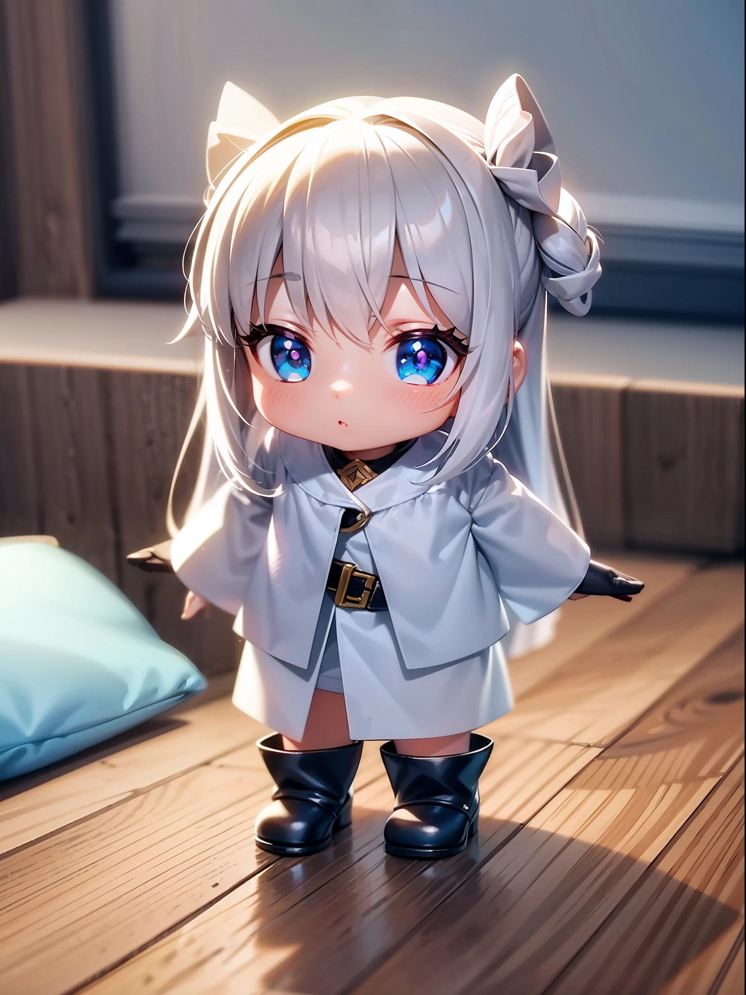 PopMart Blind Box IP, a close-up of a cute, white robe doll, young wanangel style, wearing long and fluent clothes, wlop style, pocelain doll, little people; Unreal Engine 5, Lite 3D/C4D production: 8K HD quality/lighting/ultra-detailed lens depiction 1.5, flawless, chibi background/cinematic.