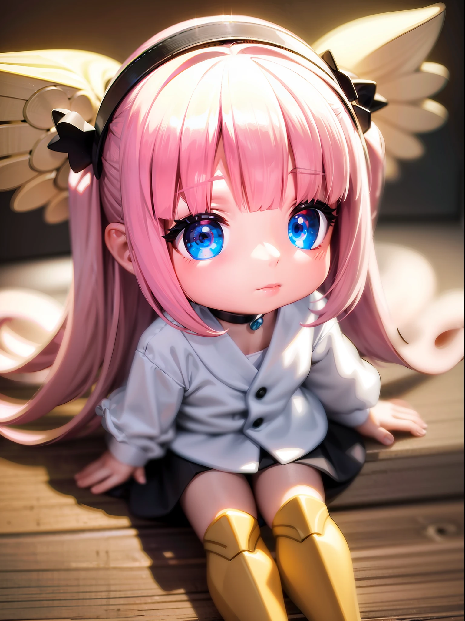 PopMart Blind Box IP, a close-up of a cute, white robe doll, young wanangel style, wearing long and fluent clothes, wlop style, pocelain doll, little people; Unreal Engine 5, Lite 3D/C4D production: 8K HD quality/lighting/ultra-detailed lens depiction 1.5, flawless, chibi background/cinematic.