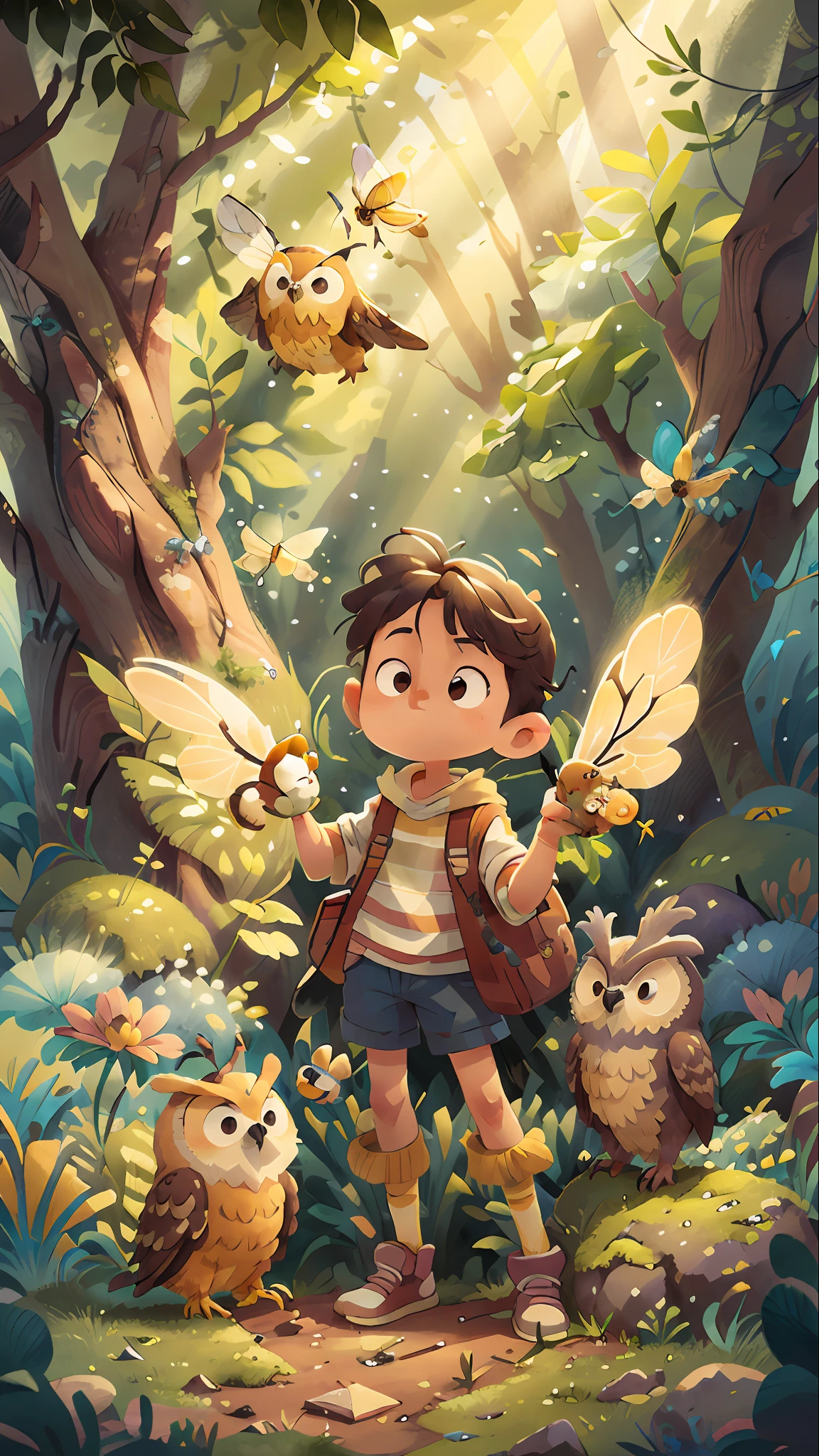 Create a charming illustration of the Daring Bee in a magical setting, with the owl as its companion. The bee is depicted as a small and courageous explorer, with vibrant colors on its wings and a determined look on its face. The owl, in turn, is portrayed with wisdom and serenity, with its large wings outstretched.
Surround them with an enchanted environment, with lush trees and colorful flowers, in soft and atmospheric tones characteristic of Studio Ghibli's style. Let gentle sunlight filter through the leaves of the trees, illuminating the scene. Use the detailed and careful style of Studio Ghibli to bring the textures and nuances of the bee's wings and the owl's feathers to life. Pay special attention to subtle details, such as the sparkle in their eyes and the delicate movements of their wings. Let the image convey the bravery and beauty of the unlikely encounter between the Daring Bee and the owl, capturing the magical essence of Studio Ghibli's animated worlds."