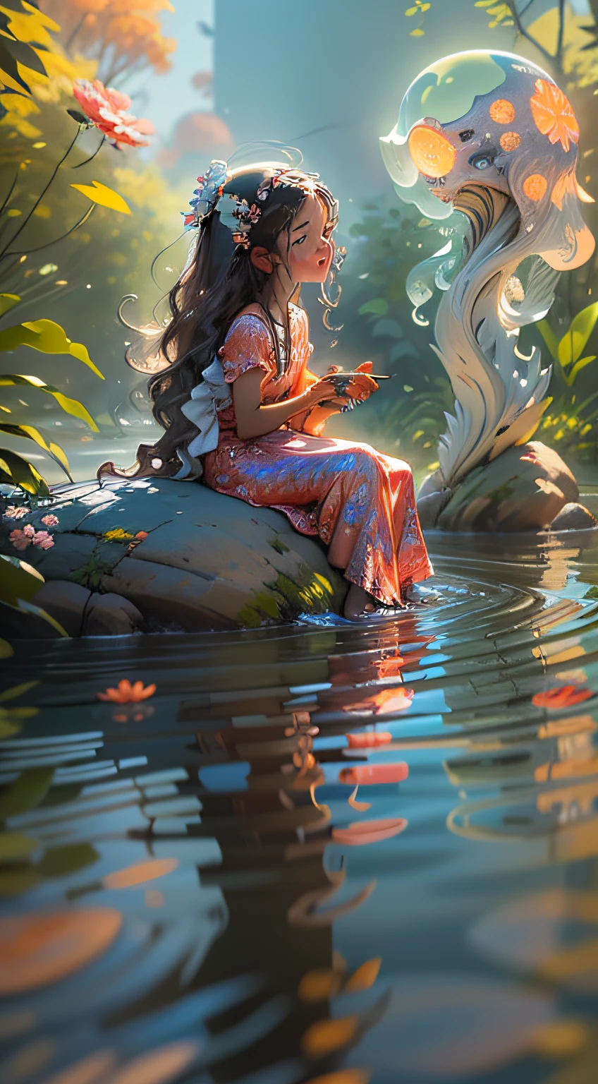 Cast copper sculpture of a girl, long hair, slightly wavy curls, hair parted in the middle, delicate features, looking down, smiling, full-length photograph,
With flowers in her hair and a dress,
Outside, sitting in the lake, facing to the left, with her hands outstretched to feel the sun, the little girl looked at the glowing fluorescent jellyfish in the water,
Warm, bright light,
Best quality, super detail, perfect lighting, with David Hertinger style, Dmitry Kustanovich style, vibrant statues, exquisite animalism, realistic details, official art,