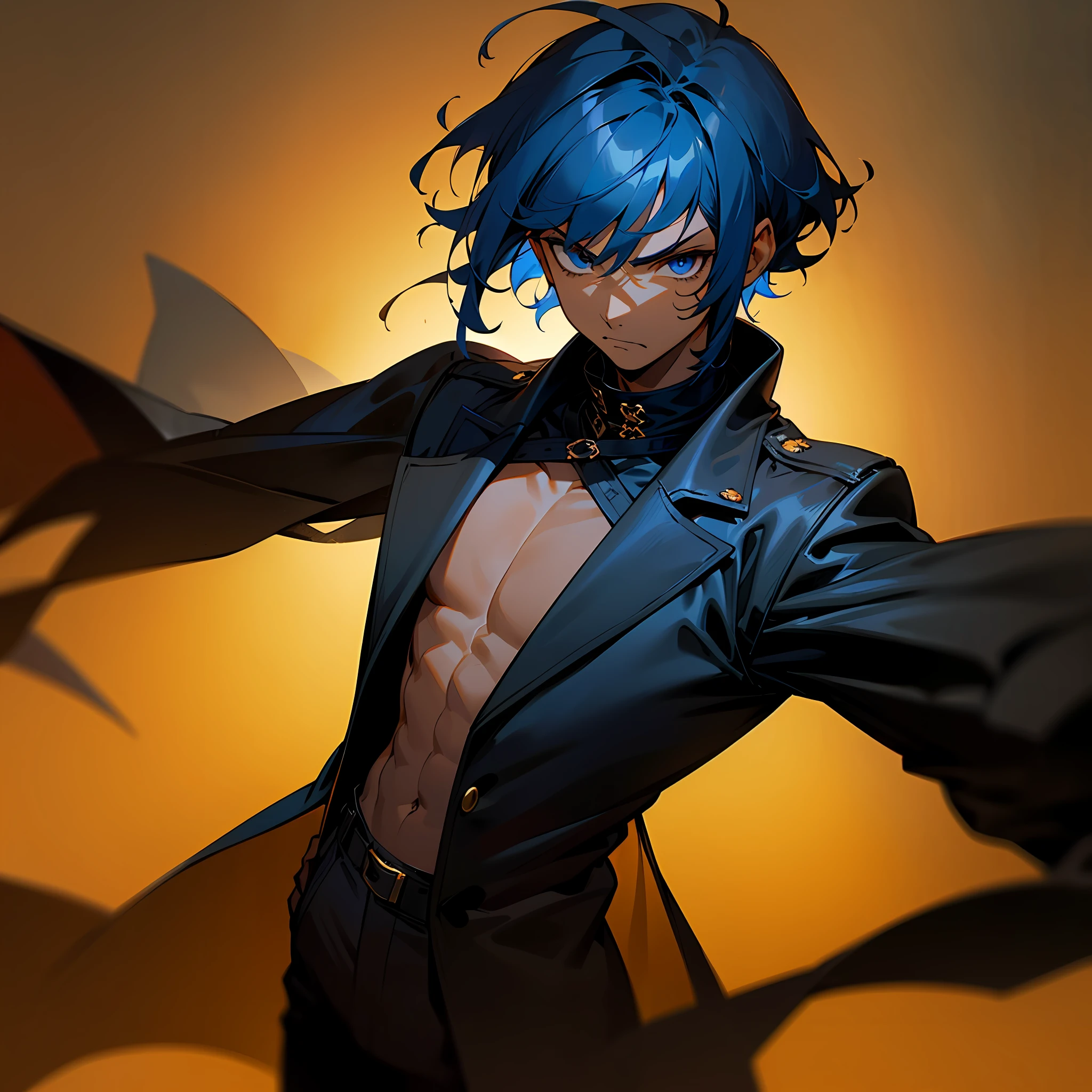 young man, (((male))), (((man))), (((one person))), (((single))), (((solo))), (((brown colored skin))), (((dark skin))), (((dark blue hair))), (((dark blue colored hair))), (((black colored eyes))), ((very short hair)), short cut hair, (slim body), ((flat chest)), (((wearing black clothes))), (((black coat))), ((black colored pants)), ((wearing fantasy clothes)), ((fantasy style)), ((black clothes)), ((black colored clothes)), black eyes, ((male face)), angry