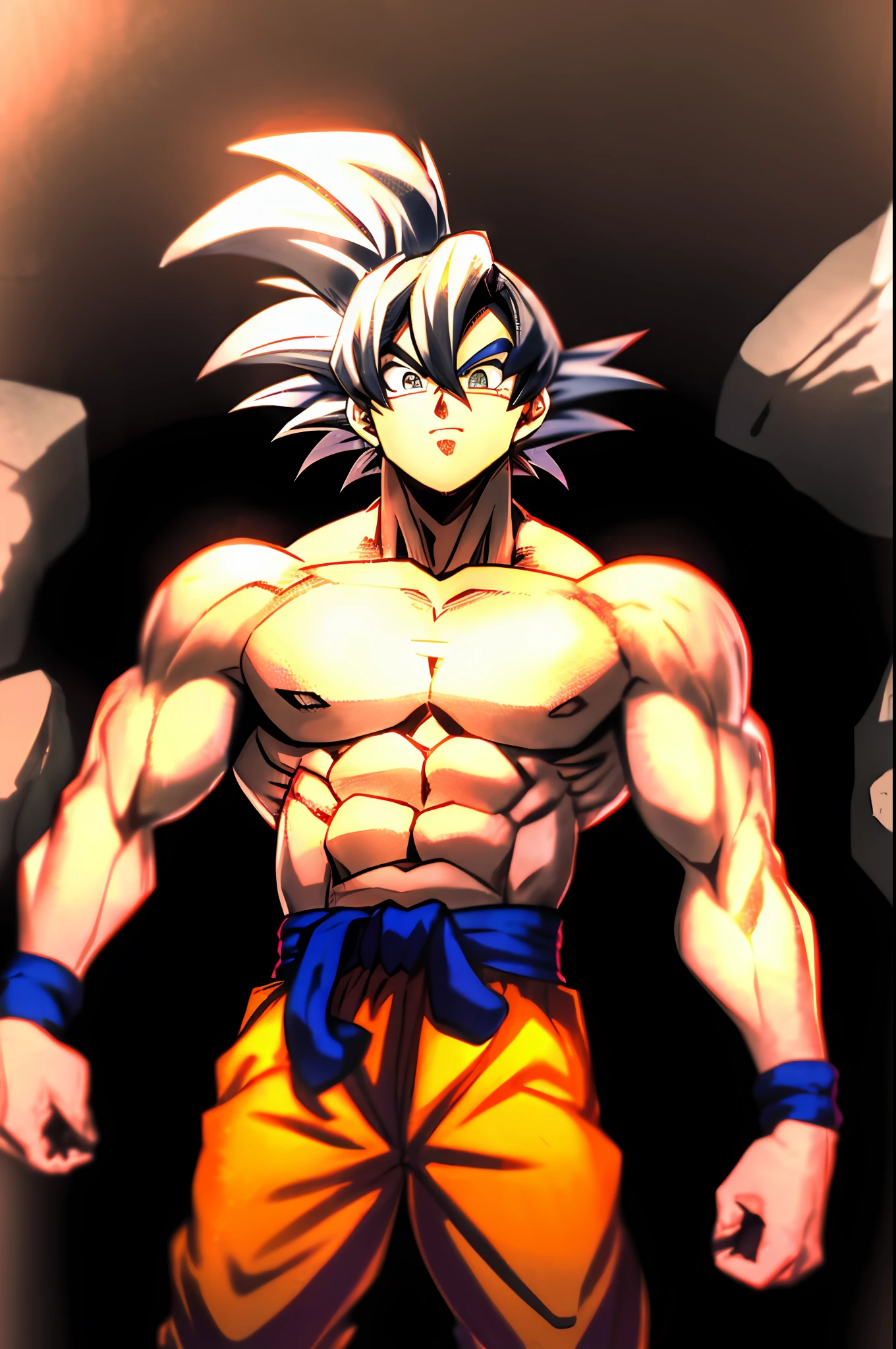 filho goku, 1boy, boca fechada, foco masculino, musculoso, musculoso masculino, rock, faixa, arindo, solo, cabelo cravado, topless masculino, roupas rasgadas, ultra instinto, olhos de fogo, celo vermelho, ((obra-prima))