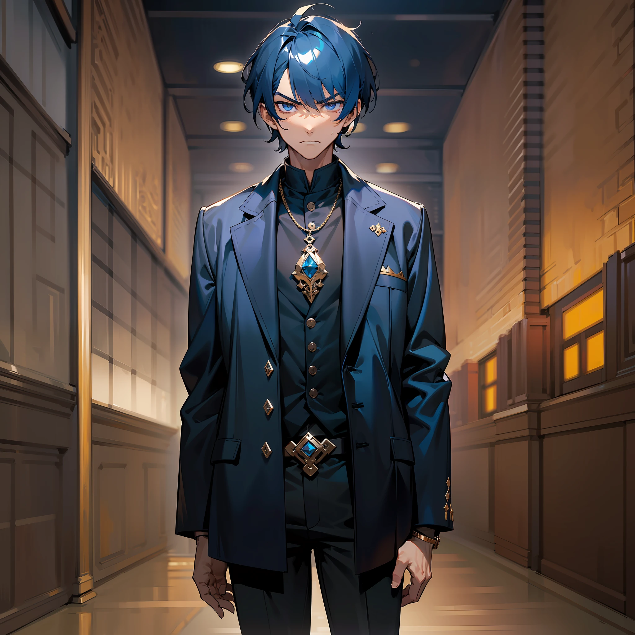 young man, (((male))), (((man))), (((one person))), (((single))), (((solo))), (((brown colored skin))), (((dark skin))), (((dark blue hair))), (((dark blue colored hair))), (((black colored eyes))), ((very short hair)), short cut hair, (slim body), ((flat chest)), (((wearing black clothes))), (((black coat))), ((black colored pants)), ((wearing fantasy clothes)), ((fantasy style)), ((black clothes)), ((black colored clothes)), black eyes, ((male face)), angry