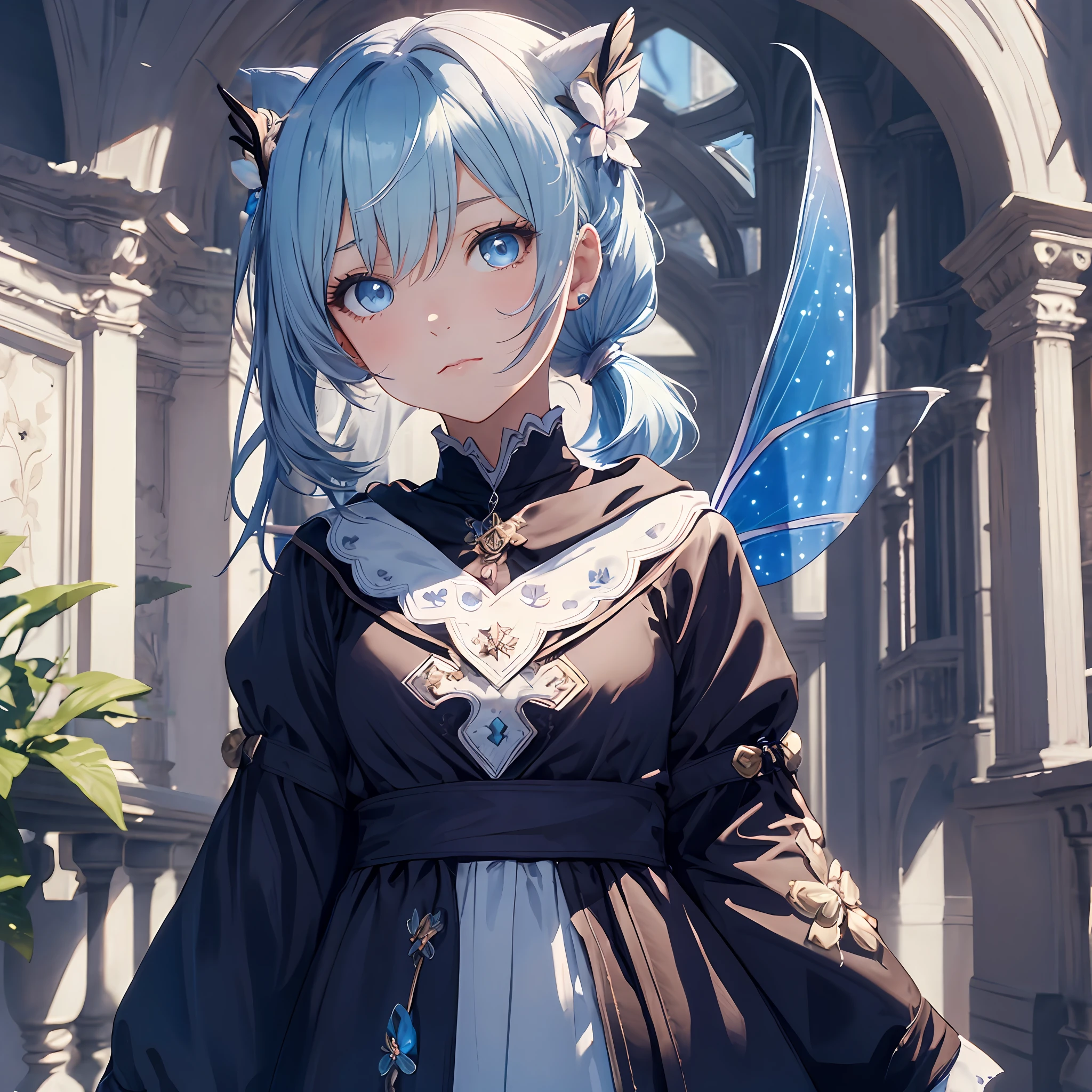 masterpiece, best quality, 1girl, child, loli, female focus, solo, light blue hair, blue eyes, looking at viewer, closed mouth, Fantasy aesthetics, Highly detailed, shadowverse style, fairy white attire, fairy wings, cute fairy outfit, coat,