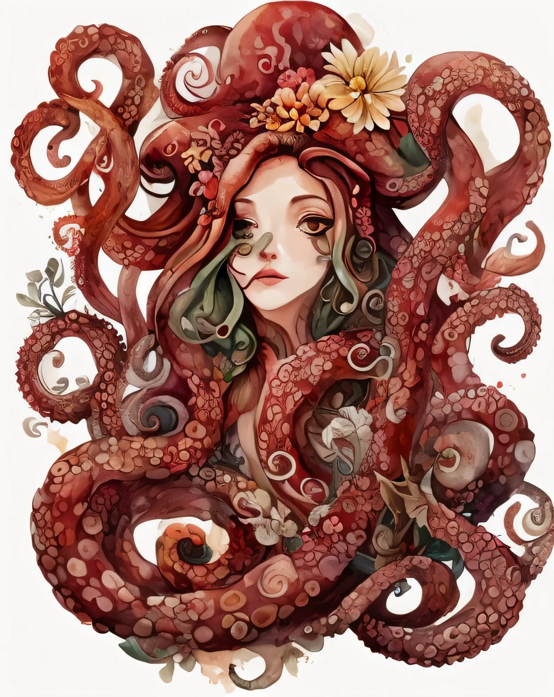 pulpo con flores y hojas en acuarela sobre fondo blanco, An octopus garden, octopus tentacles, pulpo, anthropomorphic octopus, tentacles around, con un tatuaje de calamar, cephalopod, tits and tentacles, Pulpo Super Nova, Una quimera de pulpo elefante, Diosa del pulpo, tentacles, tentacled creature mix, Hermosa mujer pulpo, pulpo gigante