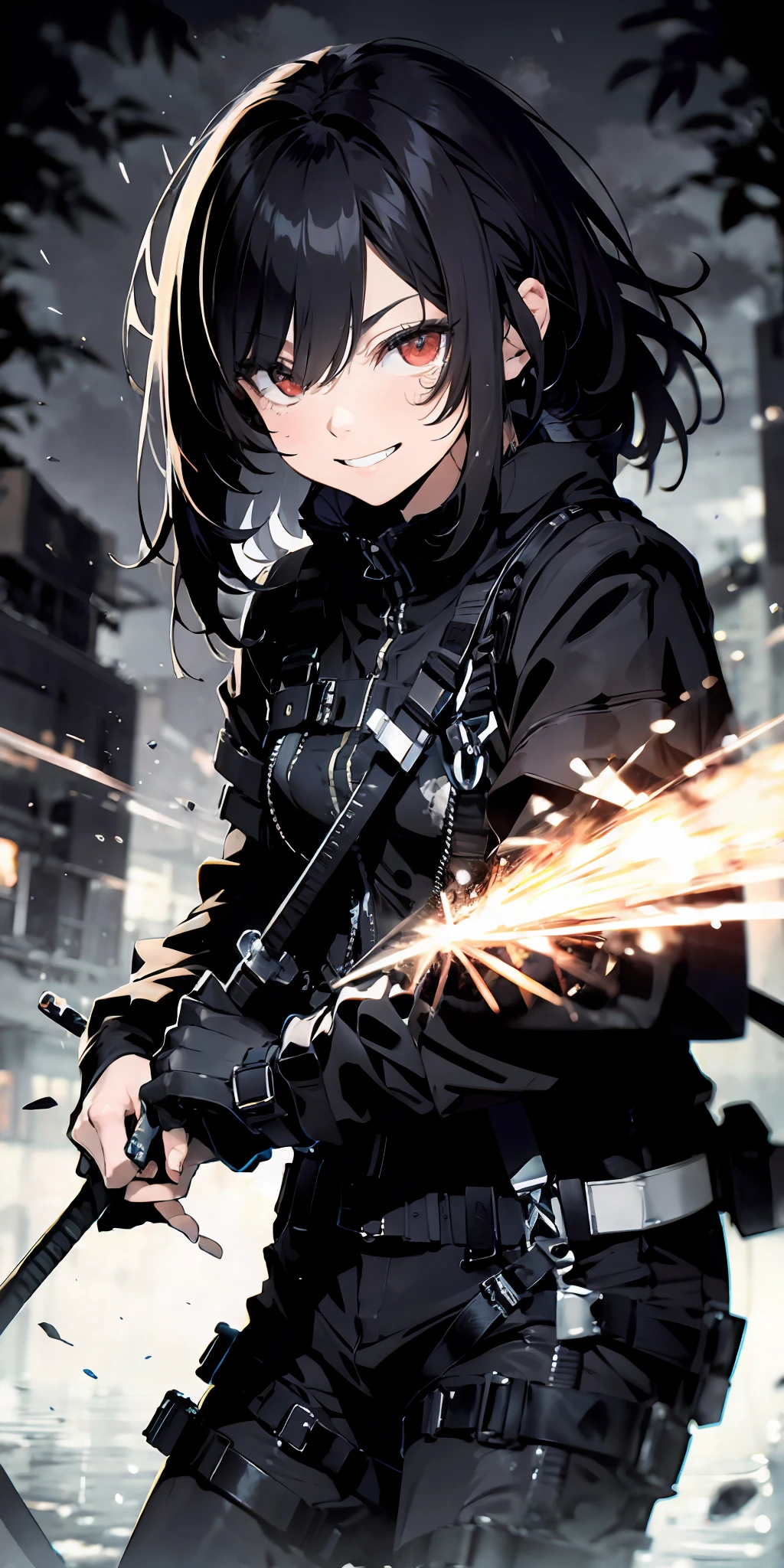 Absurd resolution、hight resolution、(masterpiece:1.4)、ultra-detailliert、From above、kosmos、masterpiece, accel_ws, (mad face:1.2), (Crazy smile:1.3), crutch, red eyes glowing, up close shot, Swirling wind, Lightning around the character, Complex background of the night, ighly detailed, (murky:1.3), murky, The dim, HDR, vignettes, unclean