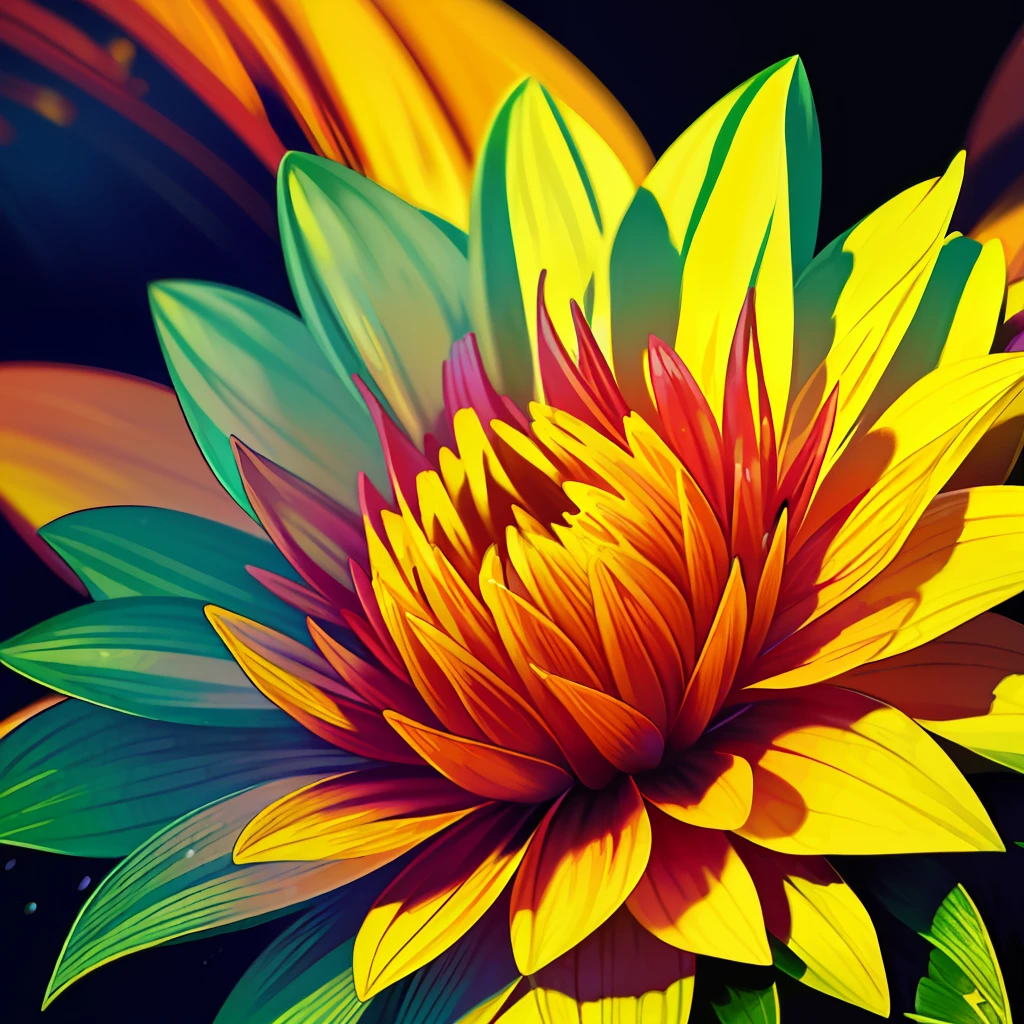 Brightly colored flowers with green leaves isolated on black background, Vibrant digital painting, a magical colorful flower, Beautiful flowers, Strong and vibrant colors, Colorful HD Drip, Colorful Digital Painting, Vivid and rich colors, rich floral color, Vivid and colorful, beautiful and colorful, stylized digital art, Detail and vibrant colors, Beautiful bright colors, Beautiful digital art, Vivid realistic colors