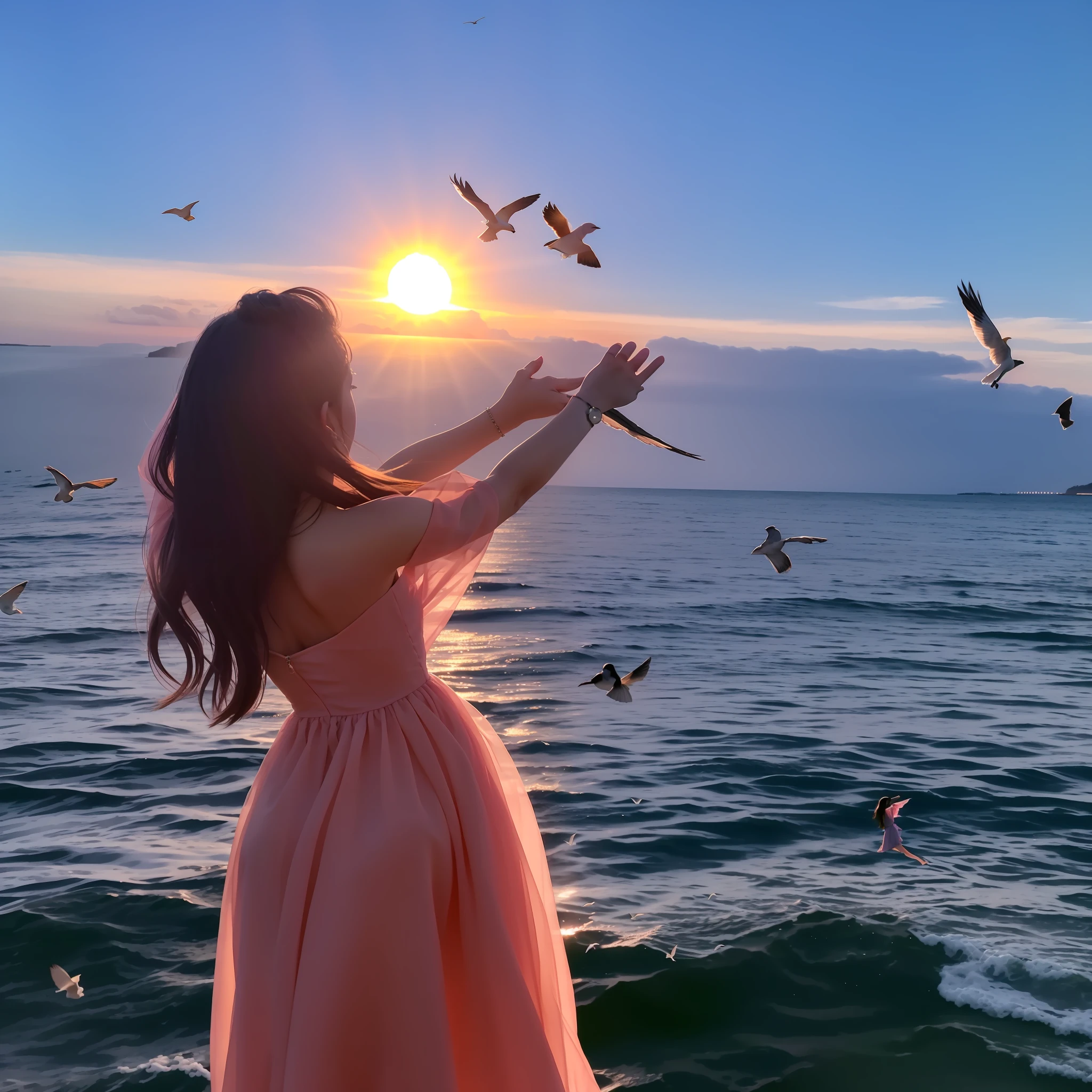 Woman in pink dress standing on the beach，Birds fly around, With sunset, with a sunset, at a beautiful sunset, spreading her wings, The most beautiful sunset, late sunset, late sunset, In the sunset, the girl and the sun, this is beautiful, at the sunset, Beautiful and aesthetic, vibrant sky, stunning photoshot