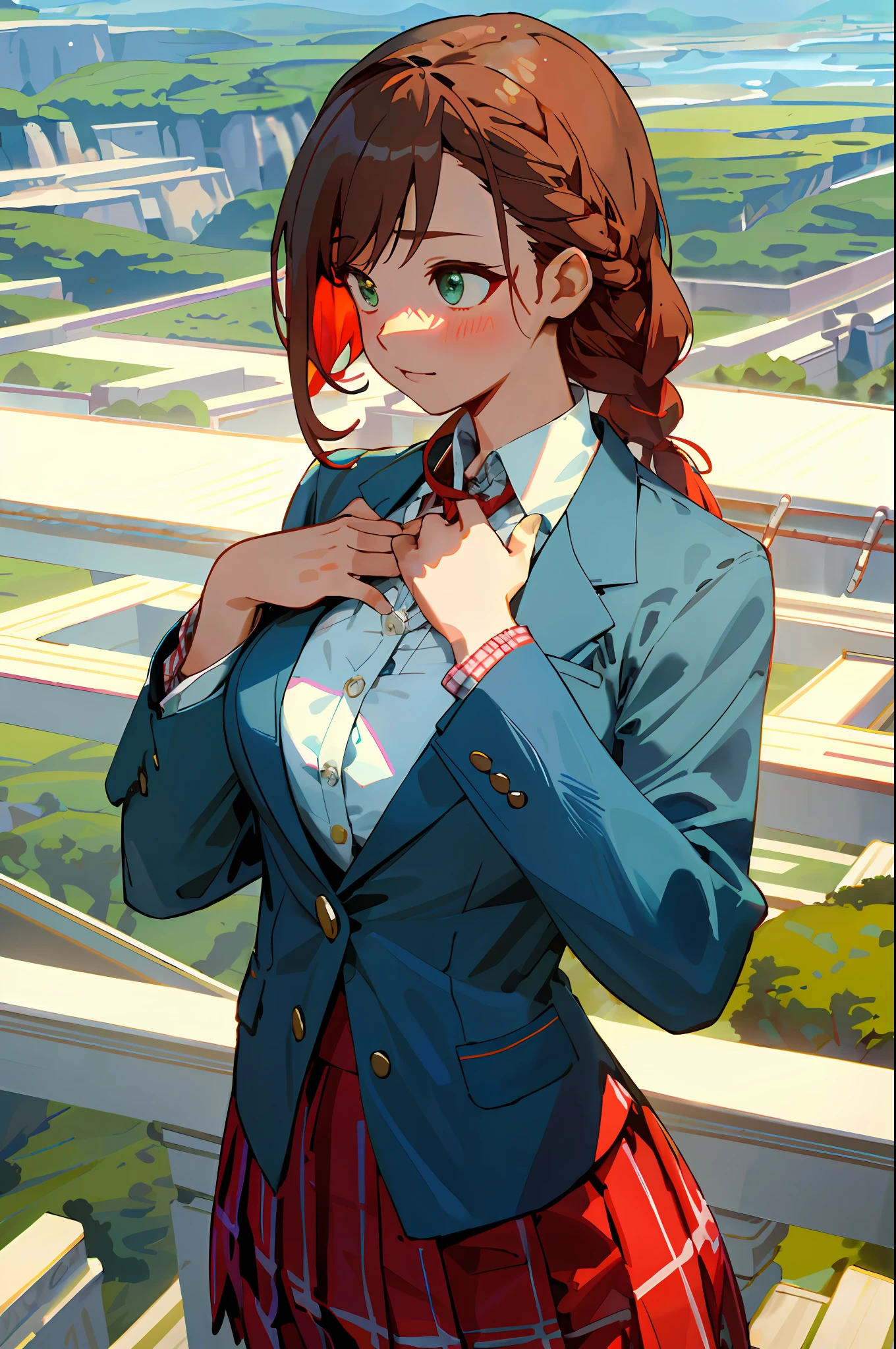 top-quality、​masterpiece、Top image quality、Advanced settings、A Japanese Lady、Shy look、Blushing、Emerald green eyes、long brown hair、Braids、Braiding、((Dark blue blazer))、((white  shirt、You can see the valley))、((Red checked flared skirt))、big red ribbon、Colossal tits、Hide the chest with your own hands、Squeeze your chest、grabbing on breasts、​masterpiece、top-quality、ighly detailed、Very realistic eyes、​masterpiece、top-quality、ighly detailed、1girl in、grabbing on breasts、From  above、Emphasize the valley