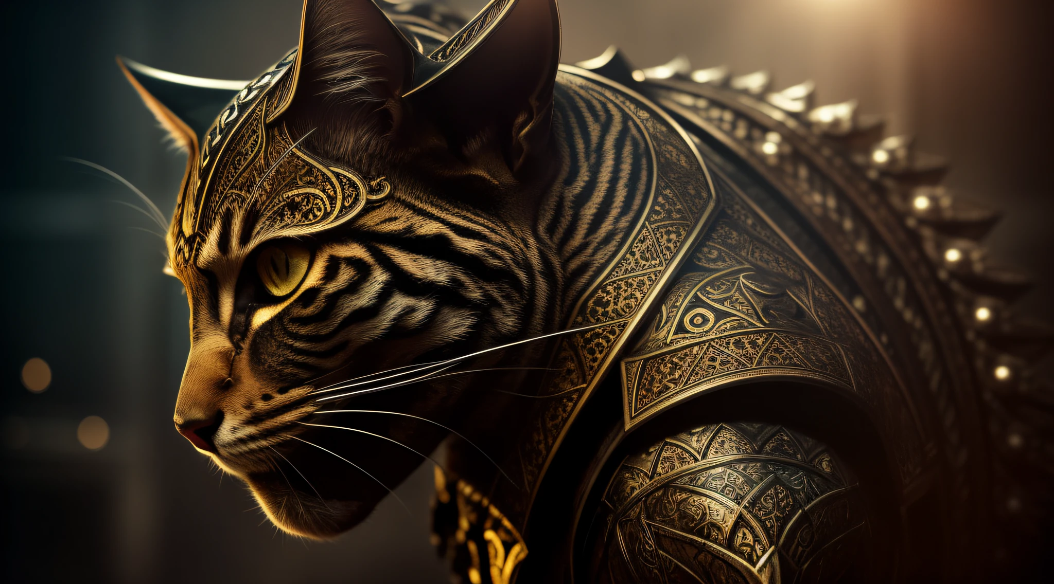 poster, intricate details, ((cinematic light)), cat, hybrid, hyperealistic, scary, dark fantasy \(style\), detailed armor, detailed helmet, dark background