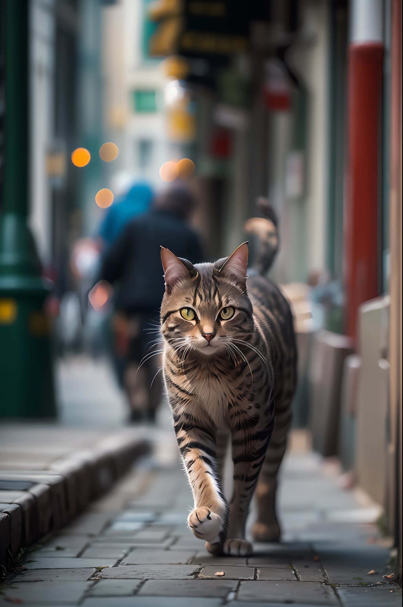 "A magnificent cat gracefully striding through a lively urban street, capturing the essence of mesmerizing street photography."