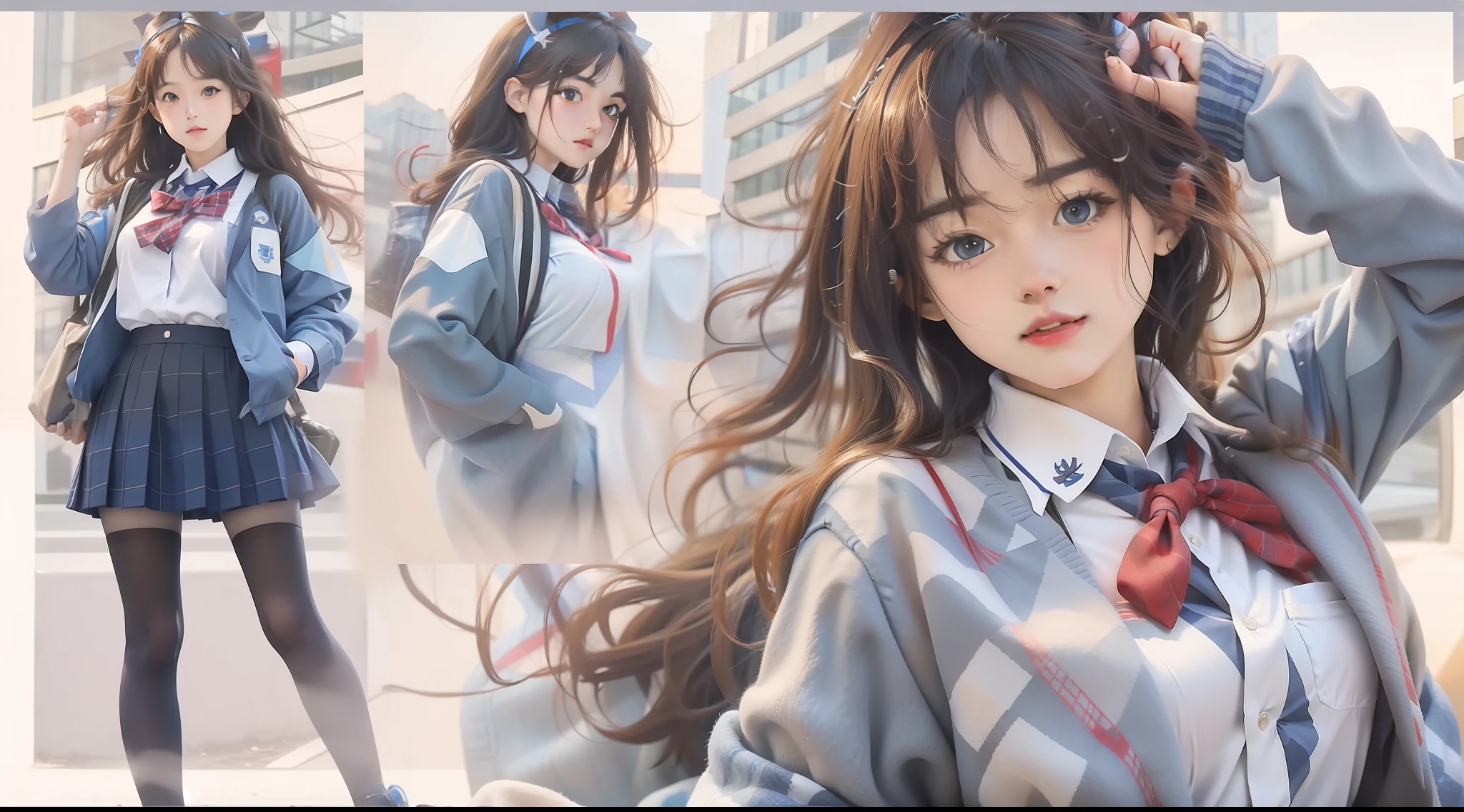 Cute JK uniform, Student uniform, Blue and white plaid and white shirt, realist detail, Realistic effects