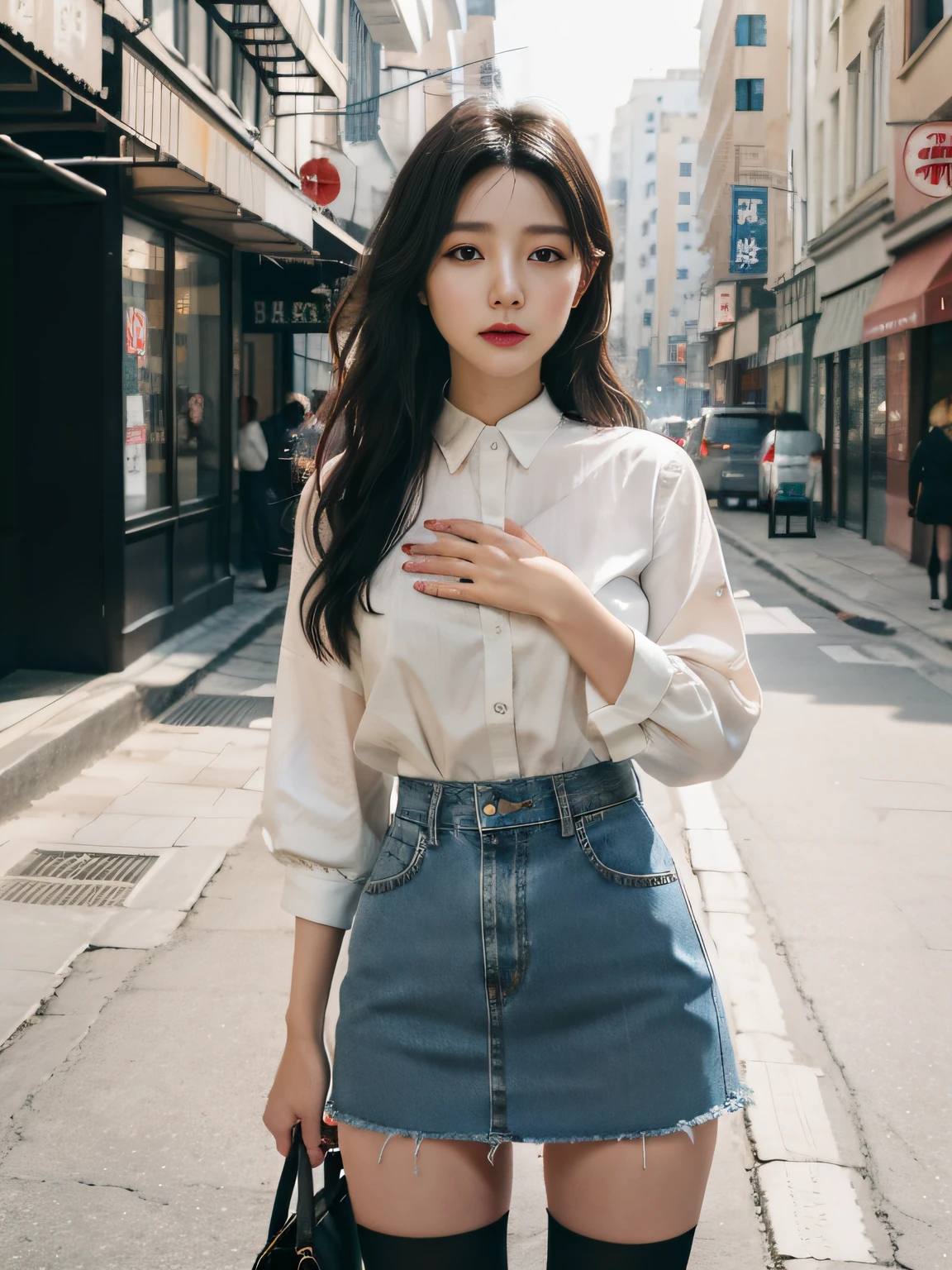 1girl，独奏，Open your lips， （Midgastric），（Hosiery）Denim skirt， the street，hand on her own chest，looking at viewert，Realistis