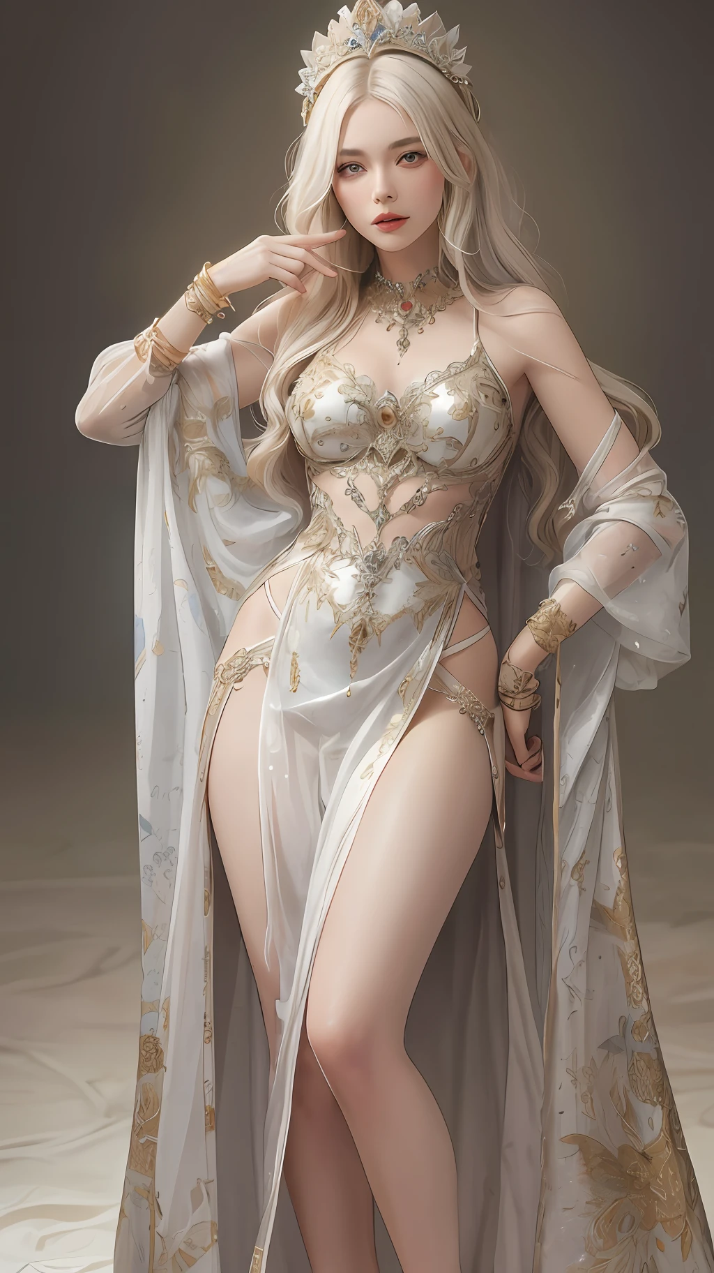 Delicate and meticulous eyes,Gentle eyes,Perfect face,Extra-long white hair,,Especially gentle girl,Perfect leg shape,Perfect proportions,standing,Wear clothes as delicate and perfect as silk,4K,8K,Perfect light,Wear high heels,Rich background,meticuloso,delicated,intricate detailed clothes,Exquisite background,Delicate face,Flawless work,Wear exquisite jewelry,Wear elaborate headdresses