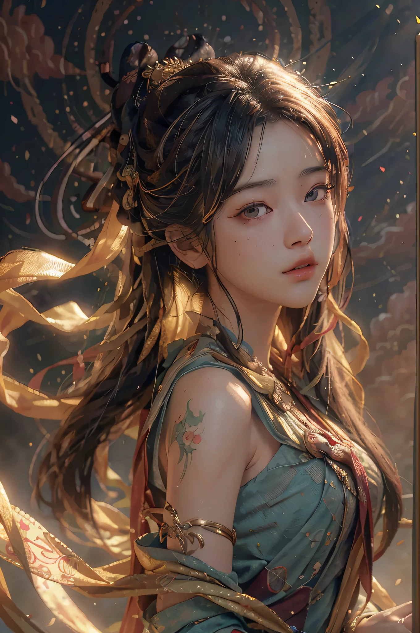 (RAW photo, best quality), (realistic, photo-realistic:1.3),best quality,highly detailed,masterpiece,ultra-detailed,illustration,1girl,upper_body,dynamic angle,world masterpiece theater,messy_long_hair,best quality,extremely detailed CG unity 8k wallpaper,ink,Amazing,cinematic lighting,lens_flare, dunhuang_style