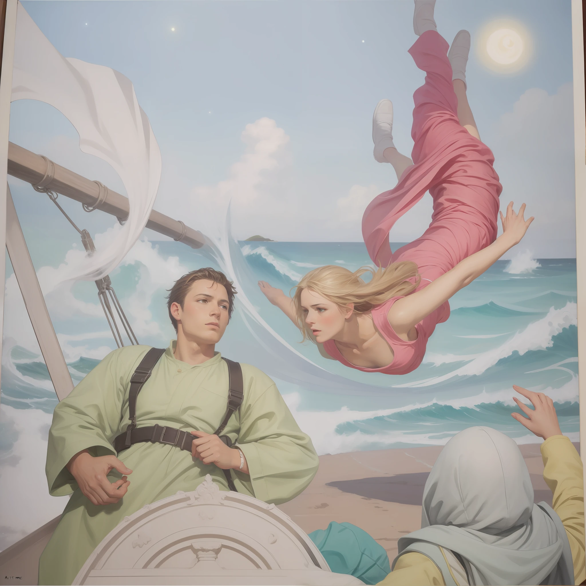 Starry sky and stormy sea, oil-painting, Romantic School, dramaticidade, dynamic positions, altamente renderizado fotorrealismo extremo hd ultrarrealista
