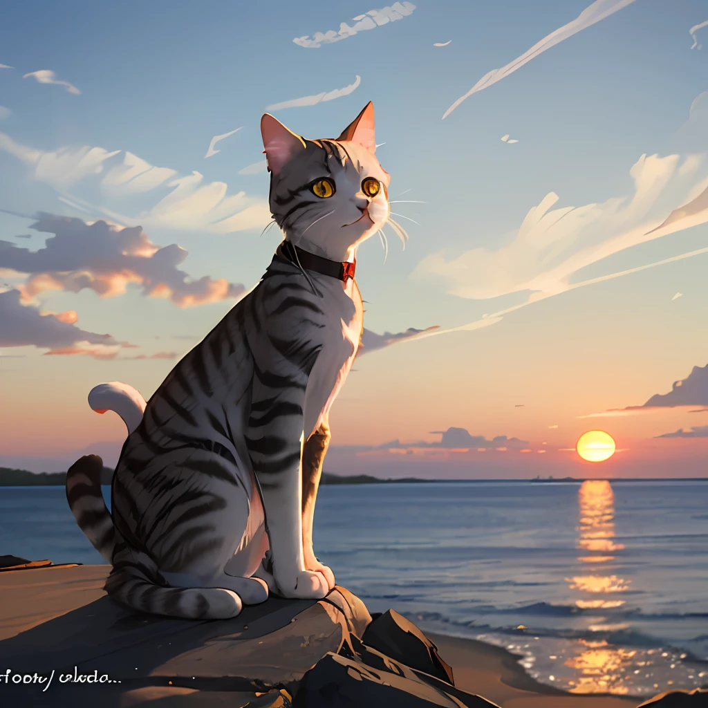Cat at sunset by the sea