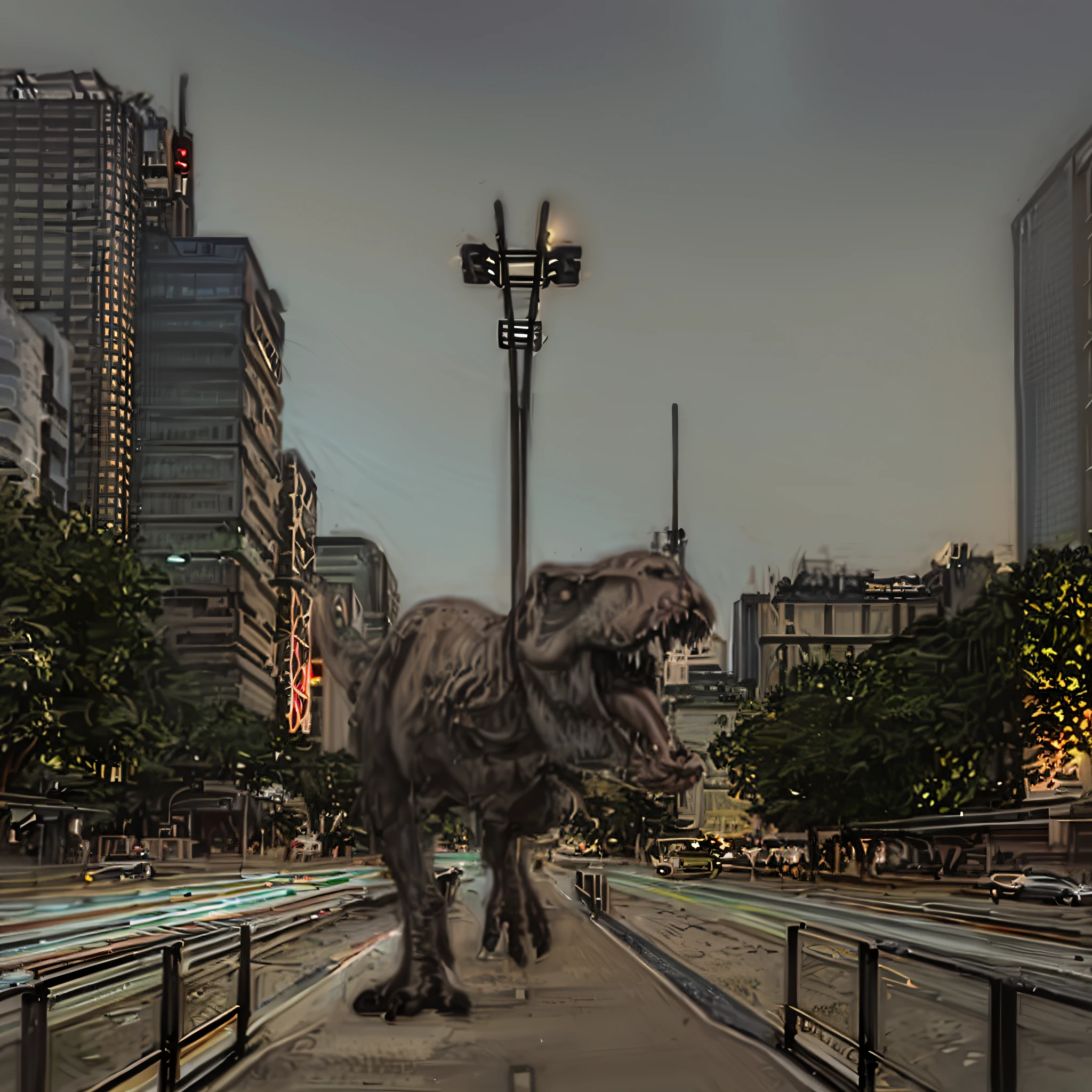 A closeup of a dinosaur on a city street with buildings in the background, avenida paulista, Dinossauro Trex, São Paulo in the year 2 0 23