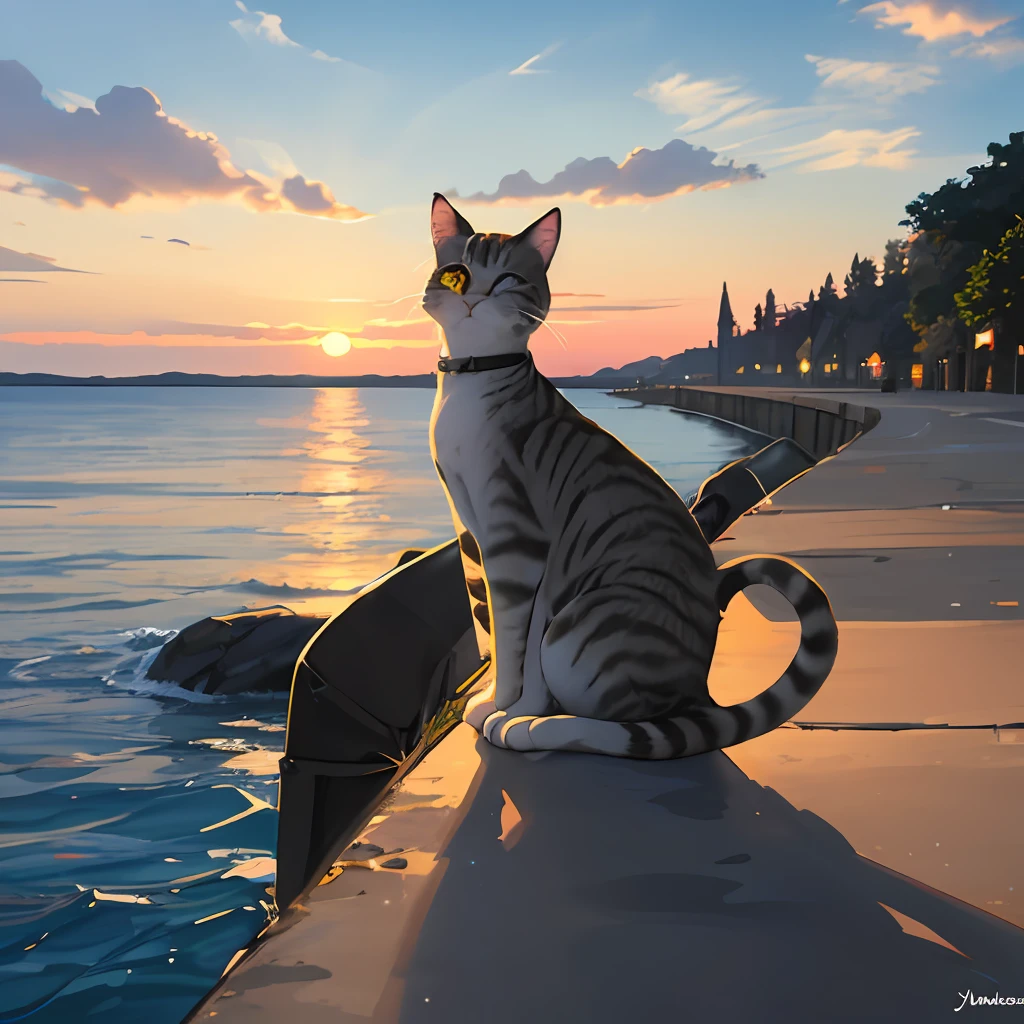 Cat at sunset by the sea