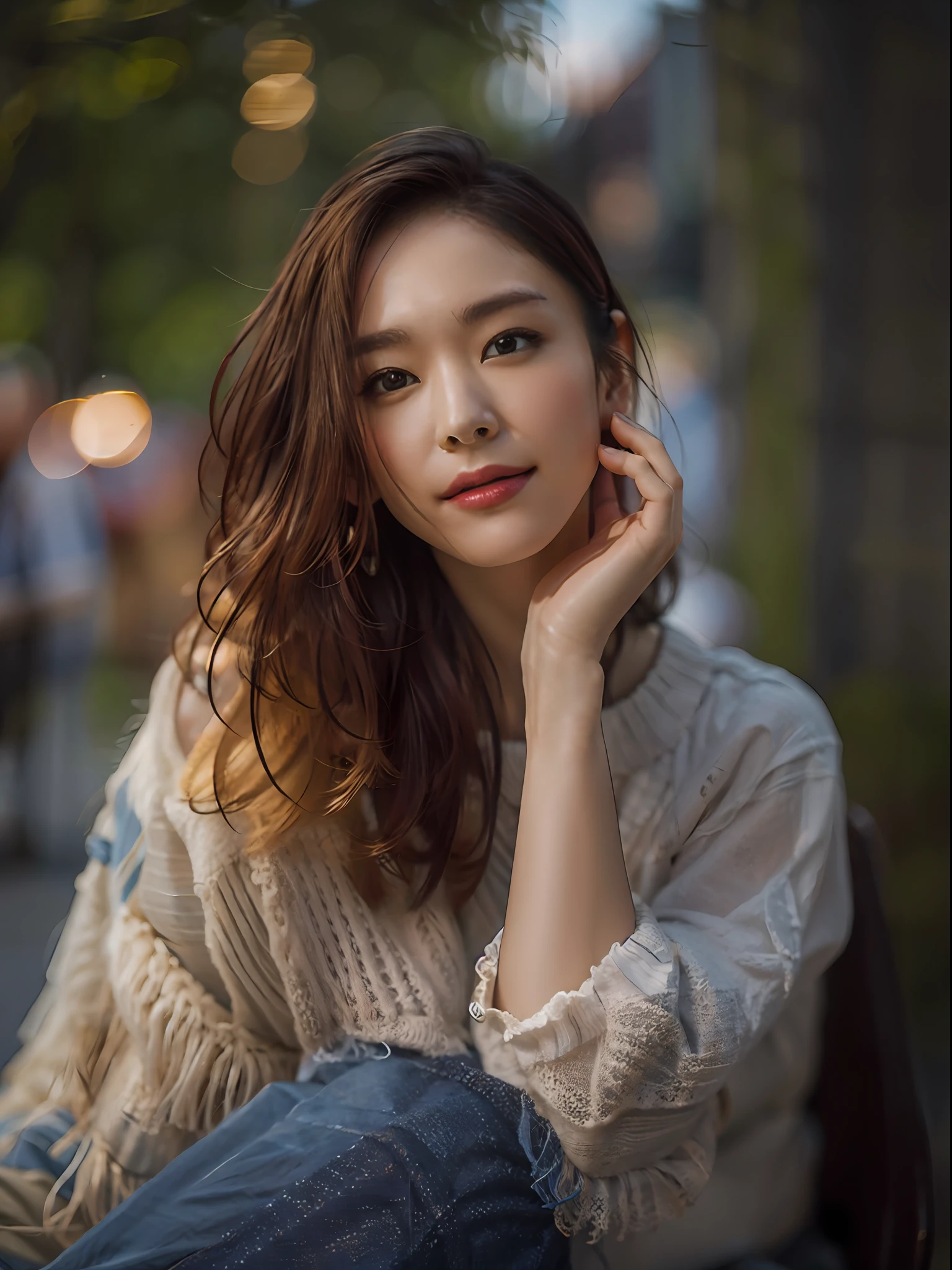 500R,((an woman sitting )),bright background,masterpiece,best quality,super detailed,high resolution,very detailed,8k uhd, (fidelity, fidelity: 1.5) , realistic, (natural light), (bokeh: 1.5), (depth of field), bokeh background, amazing, fine detail, best, high quality, RAW photo, pureerosface_v1,