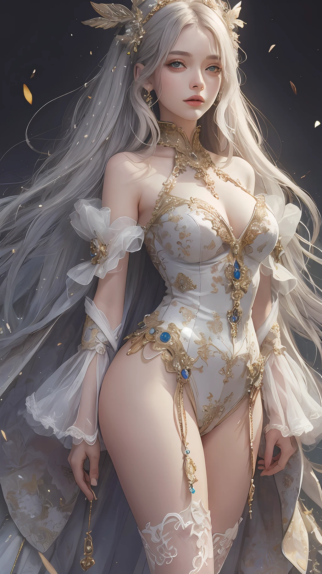 Delicate and meticulous eyes，Gentle eyes，Perfect face，Extra-long white hair，，Especially gentle girl，Perfect leg shape，Perfect proportions，standing，Wear clothes as delicate and perfect as silk，4K，8K，Perfect light，Wear high heels，Rich background，meticuloso，delicated，intricate detailed clothes，Exquisite background，Delicate face，Flawless work，Wear exquisite jewelry，Wear elaborate headdresses