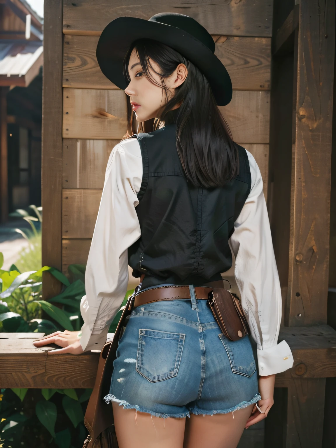 ((tmasterpiece)),(best qualtiy),offcial art,extremaly detailed cg,Unity8k wallpapers,ultra - detailed,highly detailed,detailed back ground,Vivid colors,realisticlying,perfect litthing,best illuminate, 1girl、full bodyesbian、Cowgirl skirts、cowboy hat、cowboy boots、Tassel decoration、vests、tiedshirt、Medium Waist、Holster、hijabi sluty、