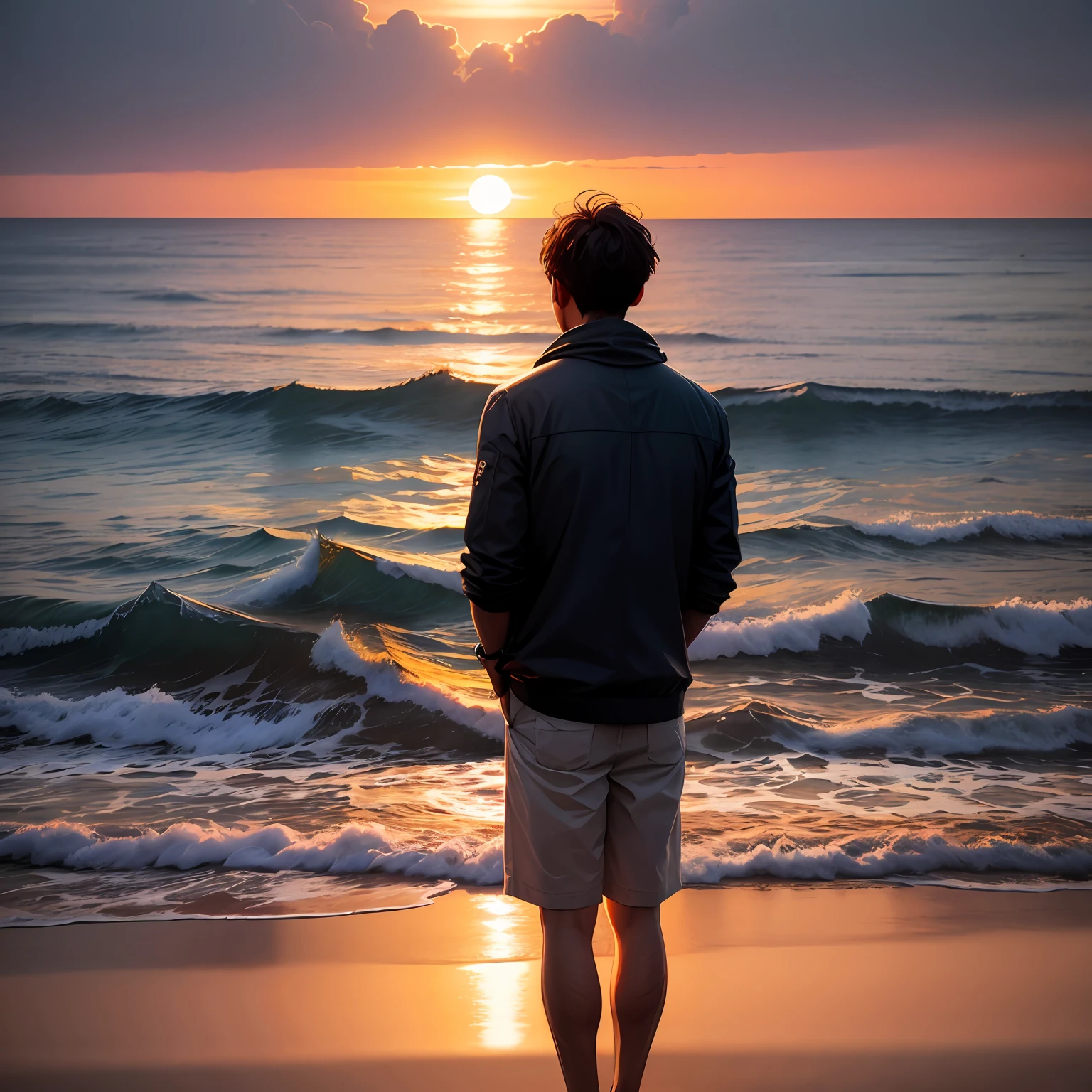 the setting sun，the sea，The man looked into the distance，Solitude，glomy --auto