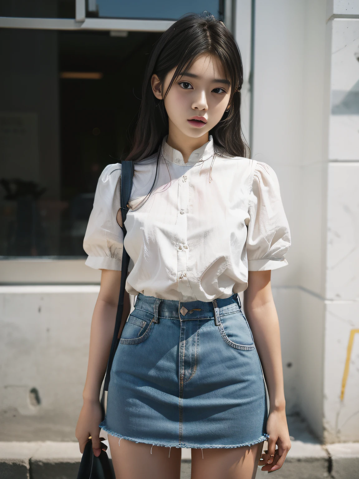1girl，Curta，独奏，Fashion college student，Denim skirt shoot，best qualtiy，tmasterpiece，超高分辨率，（真实感：1.4）