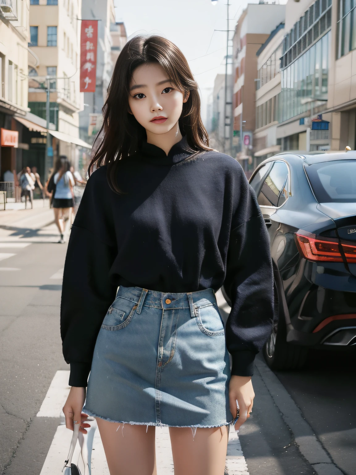 1girl，Curta，独奏，Fashion college student，Denim skirt shoot，best qualtiy，tmasterpiece，超高分辨率，（真实感：1.4）