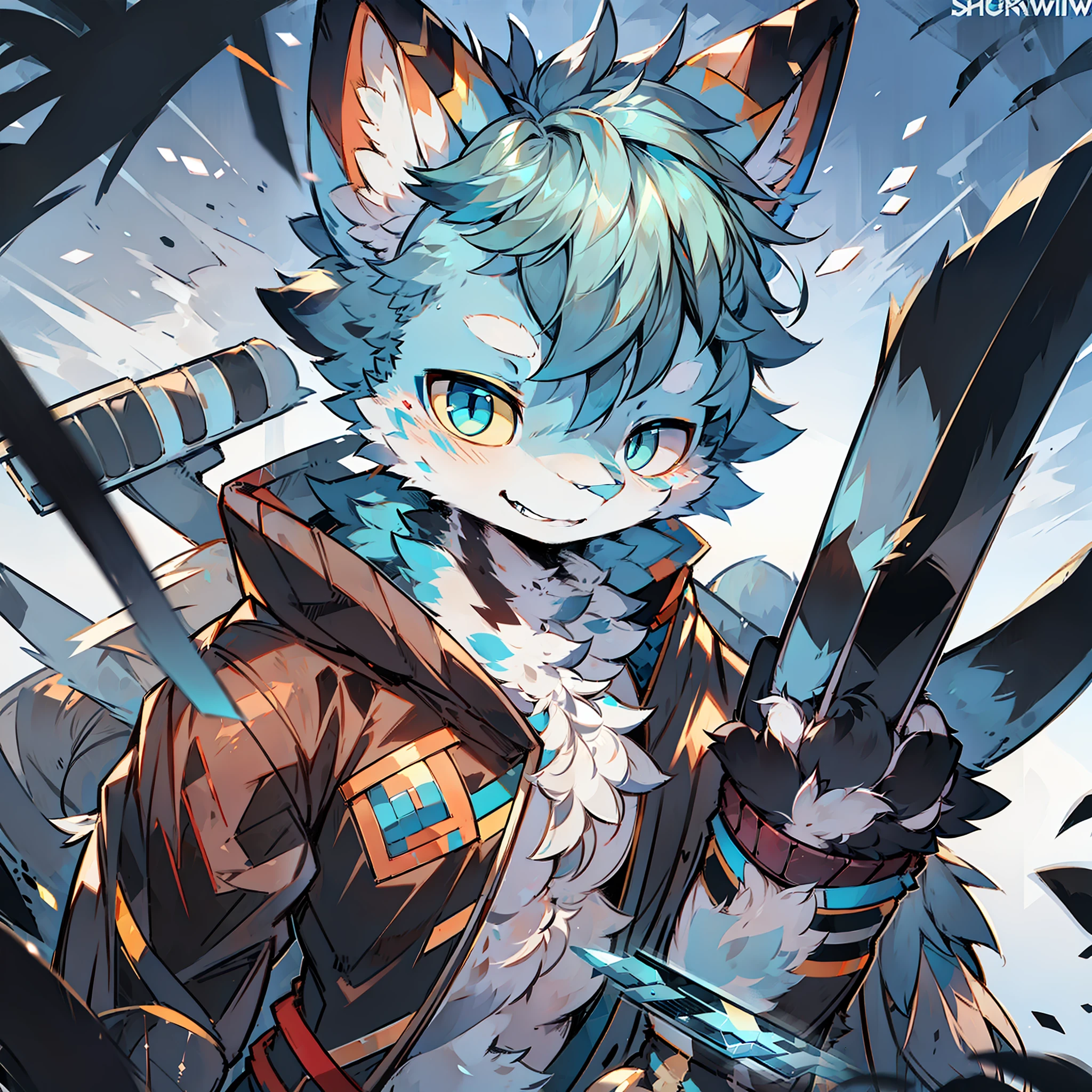 Furry blue cat,half-mechanical,Mechanical right eye,Mechanical left arm,Cyberwind,shoun