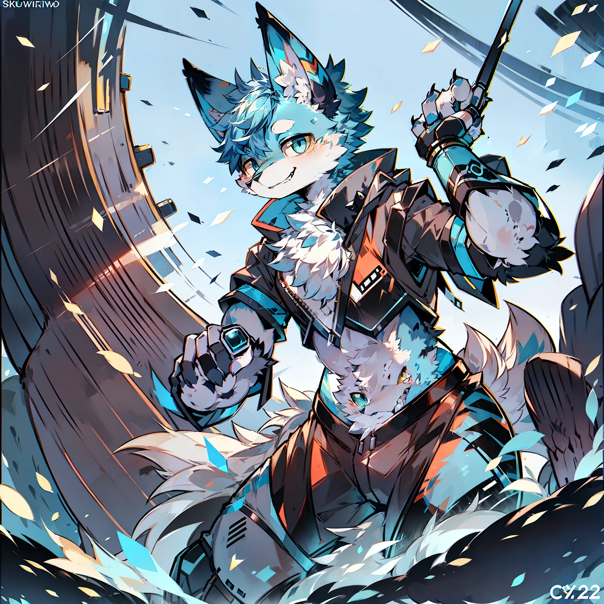 Furry blue cat,half-mechanical,Mechanical right eye,Mechanical left arm,Cyberwind,shoun