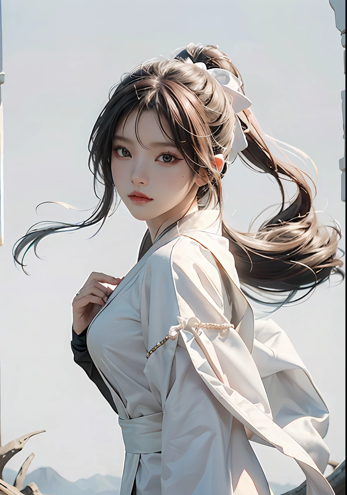 Close-up of a woman in a white dress holding a sword, portrait of Yang J, popularity of cgsociety, blindfolded with a black ribbon, fantasy art, beautiful figure painting, best quality, masterpiece, super high resolution, (realism: 1.4), original photo, portrait, (half: 1.4), ultra-wide angle, Guvez style artwork, Guwiz, white Hanfu, flowing white robe, full body martial arts, epic exquisite character art, stunning character art, beautiful woman